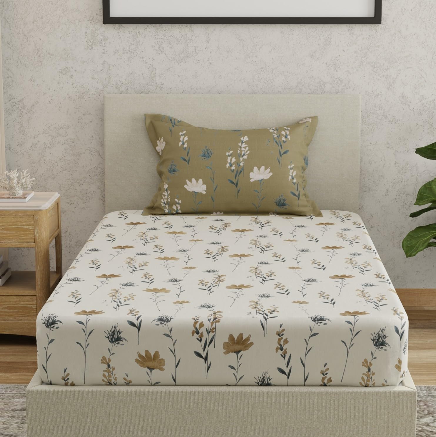 Huesland By Ahmedabad Cotton 144 Tc Bedsheet For Single Bed With 1 Pillow Cover | White, Olive Green & Grey