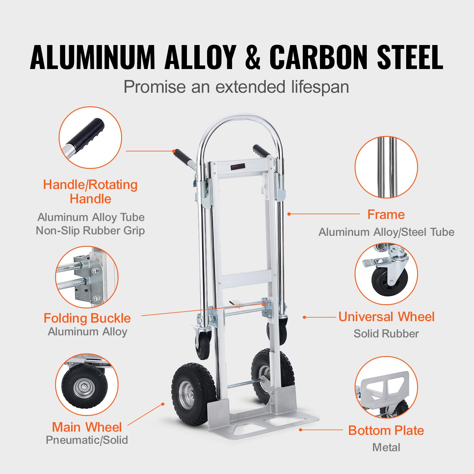 Vevor Aluminum Folding Hand Truck, 2 In 1 Design 1000 Lbs Capacity, Heavy Duty Industrial Collapsible Cart, Dolly Cart With Rubb
