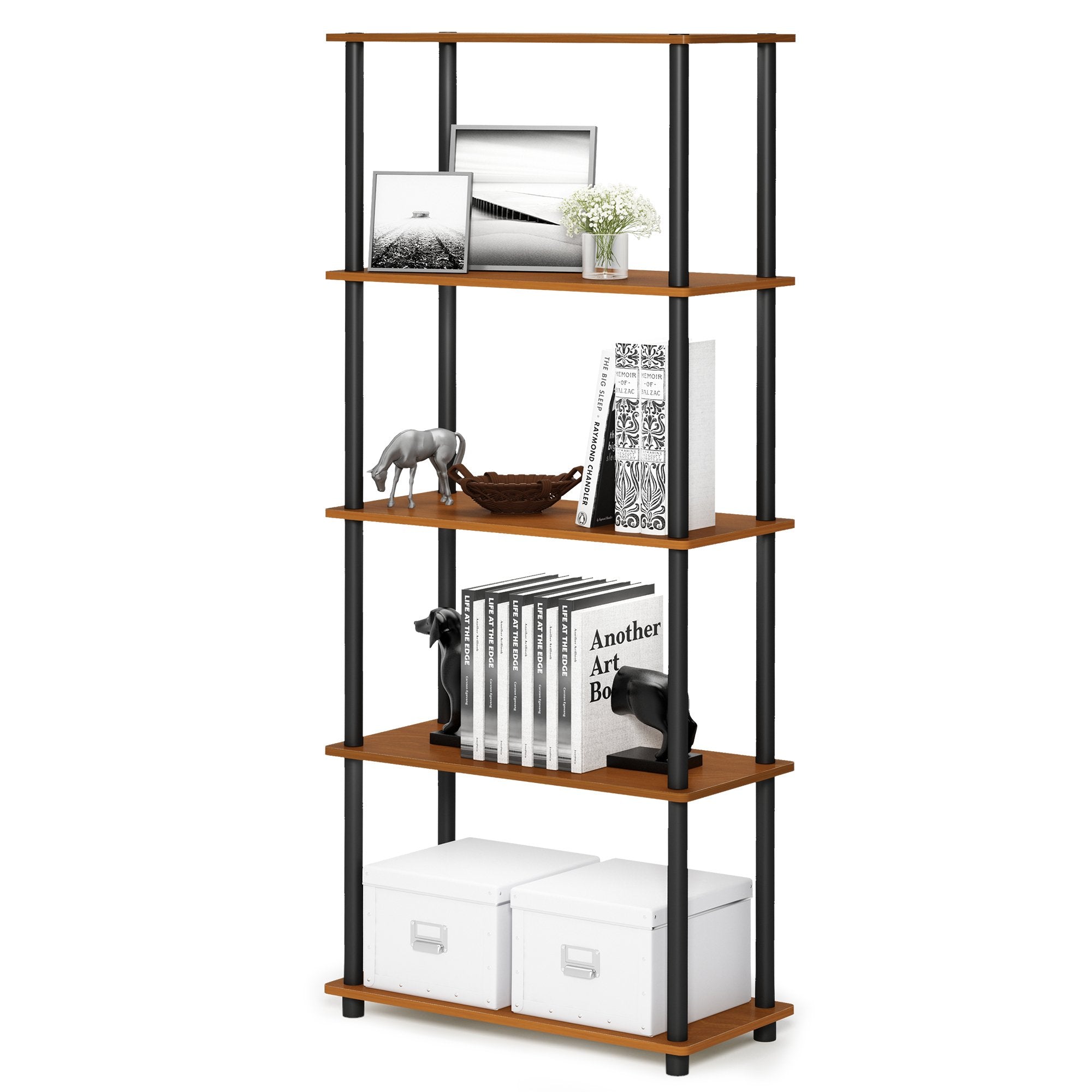 Furinno Turn-N-Tube 5-Tier Multipurpose Shelf / Display Rack / Storage Shelf / Bookshelf, Round Tubes, Light Cherry/Black