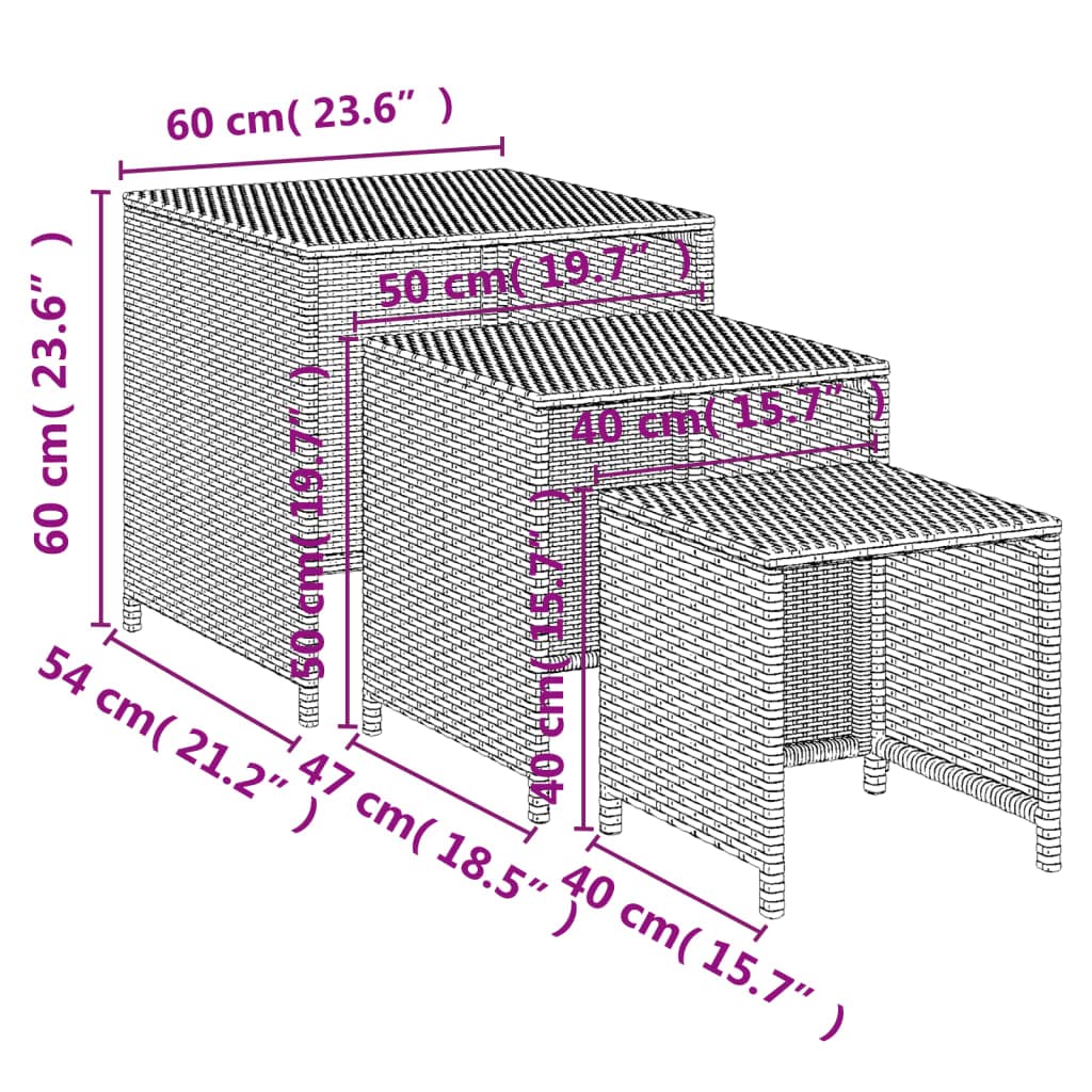 vidaXL 3 pcs Nesting Tables in Black Poly Rattan - Durable and Weather Resistant with Powder-Coated Steel Frame for Indoor and Outdoor Use