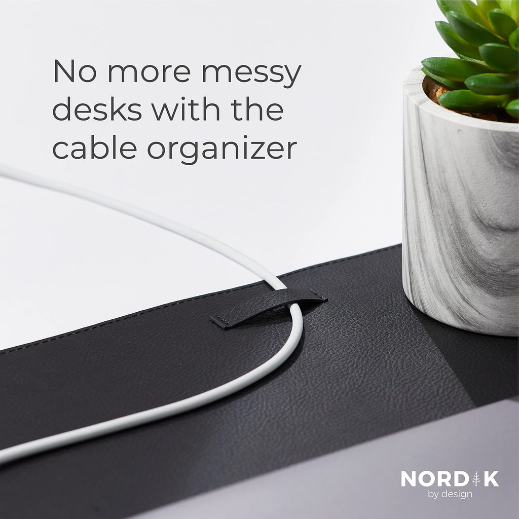 Nordik Leather Desk Mat Cable Organizer - Pebble Black 35 X 17 Inch - Premium Mouse Mat - Felt Vegan Leather Desk Pad Protector