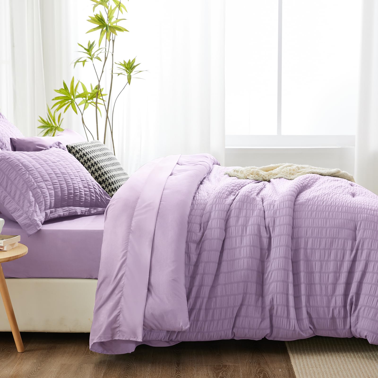 Cozylux King Seersucker Comforter Set With Sheets Light Purple Bed In A Bag 7-Pieces All Season Lavender Bedding Sets With Comforter, Pillow Sham, Flat Sheet, Fitted Sheet, Pillowcase