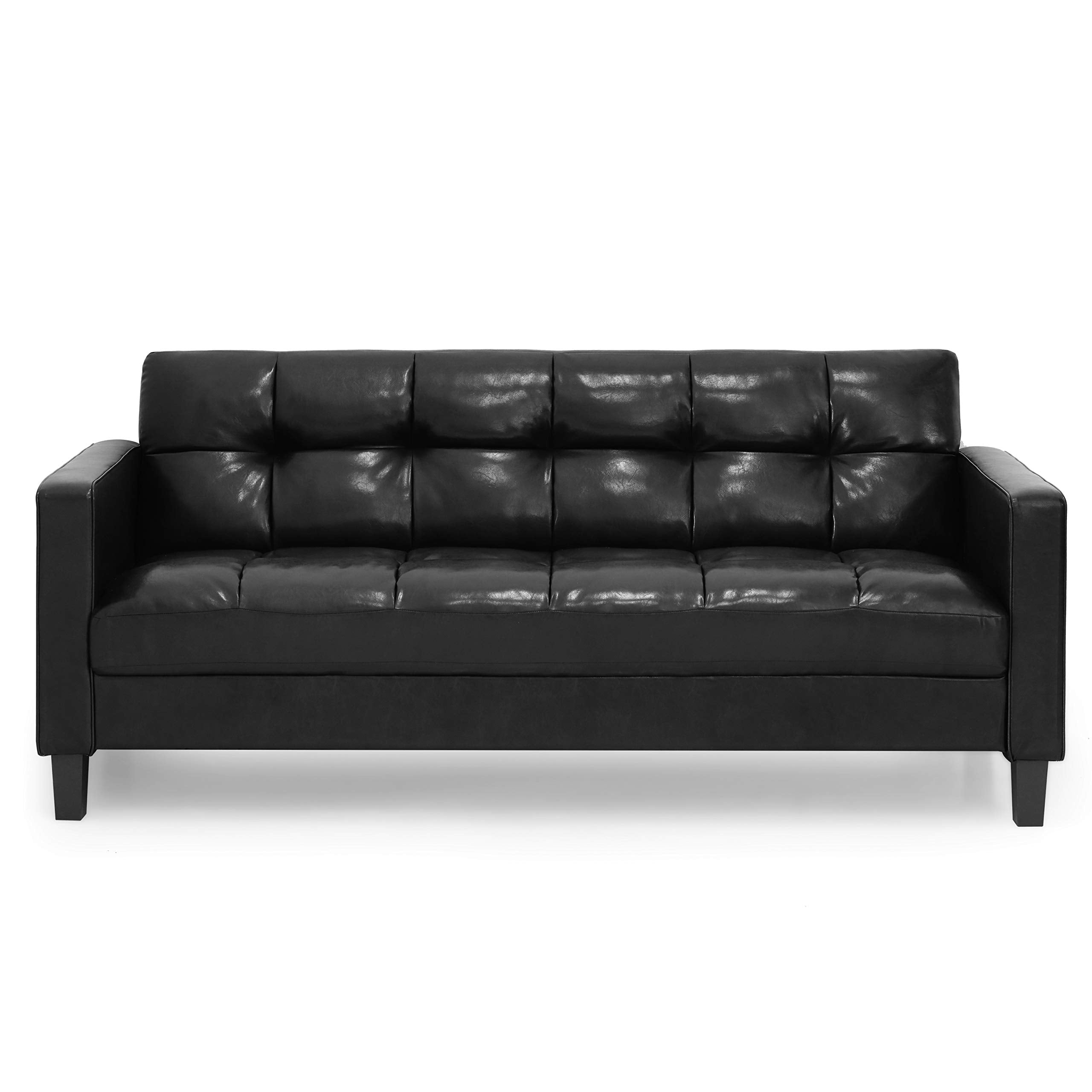Furinno Brive Contemporary Tufted Faux Leather 3-Seater Sofa Couch For Living Room, Black Faux Leather
