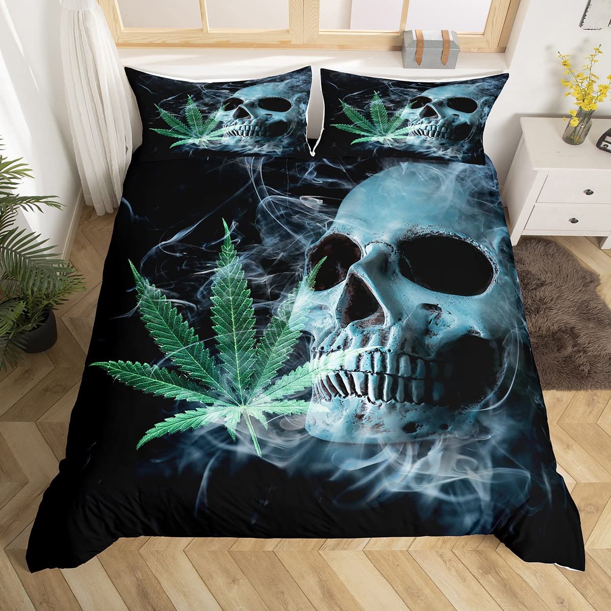 Feelyou Marijuana Weed Leaf Boys Duvet Cover Set Teens Skull Decor Comforter Cover Set For Kids Girls Green Cannabis Bedding Set