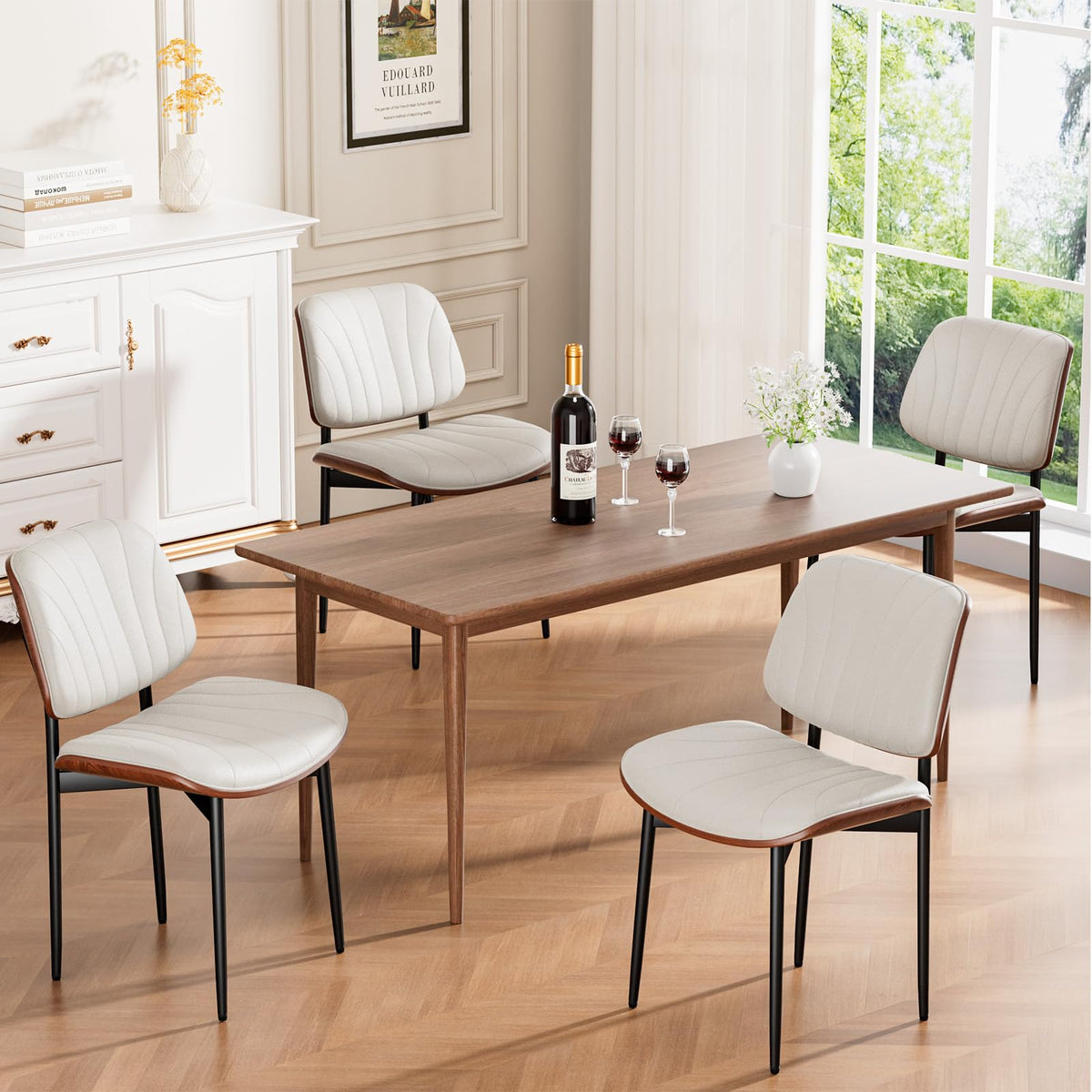 Reoney Dining Chairs Set Of 4, Mid-Century Modern Upholstered Pu Leather Chairs With Walnut Bentwood Back And Metal Legs Adjusta