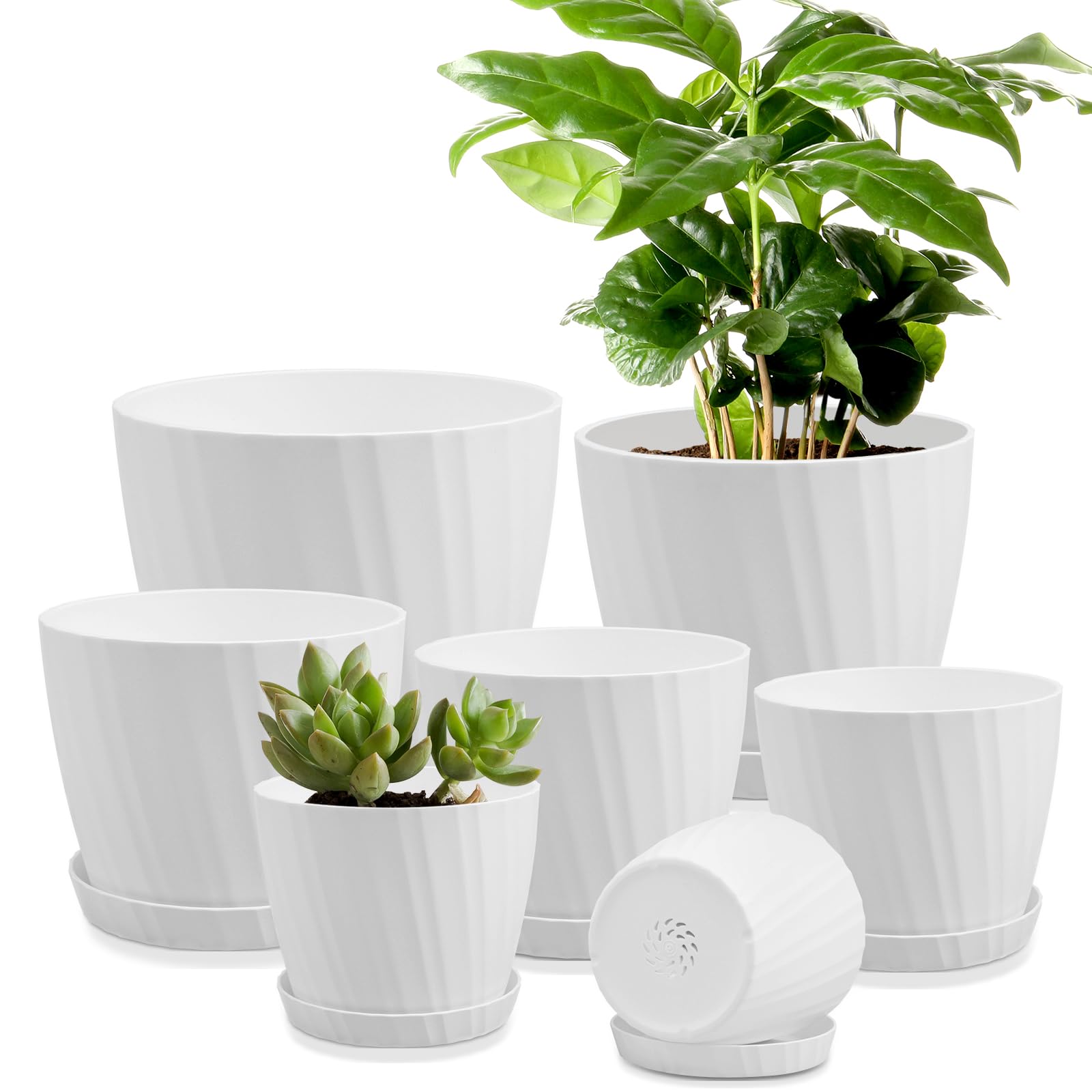Ynnico 7 Pcs Plant Pots With Drainage Holes And Saucers, Indoor Planters, Set Of 7 (7.5, 7, 6.5, 6, 5.5, 4.5, 3.5 Inches), White