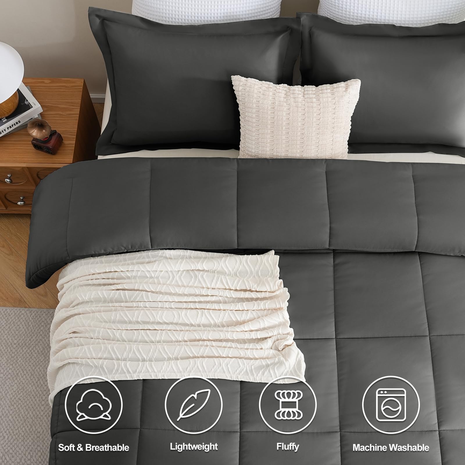 Cozylux Queen Comforter Set - Dark Grey Comforter Queen Size, 3 Pieces Box Stitched Bed Set For All Seasons, Soft Lightweight Bedding Sets With 1 Down Alternative Comforter And 2 Pillow Shams