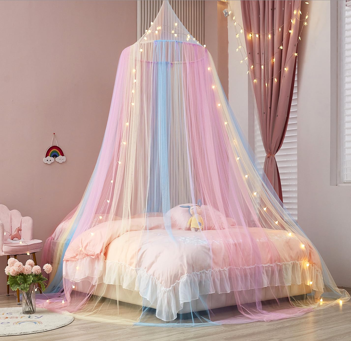 Rainbow Bed Canopy For Girls, Bed Canopy With Lights Canopy For Girls Room Bed Mosquito Netting For Twin Single Full Queen King