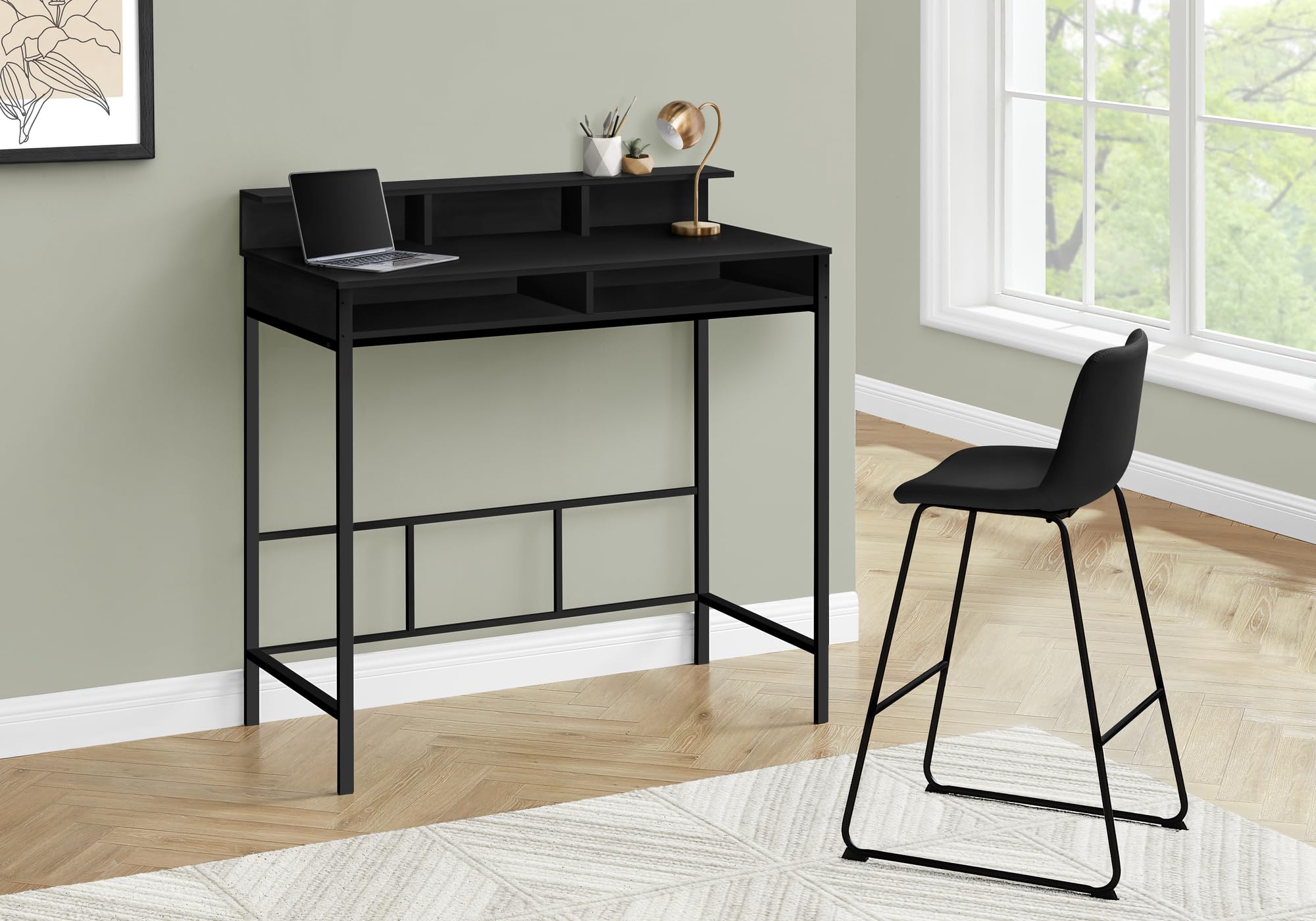 Monarch Specialties 7700 Computer Desk, Home Office, Standing, Storage Shelves, 48' L, Work, Laptop, Laminate, Contemporary, Modern Desk-48 Height, 47.25' L x 23.75' W x 47.5' H, Black/Black Metal