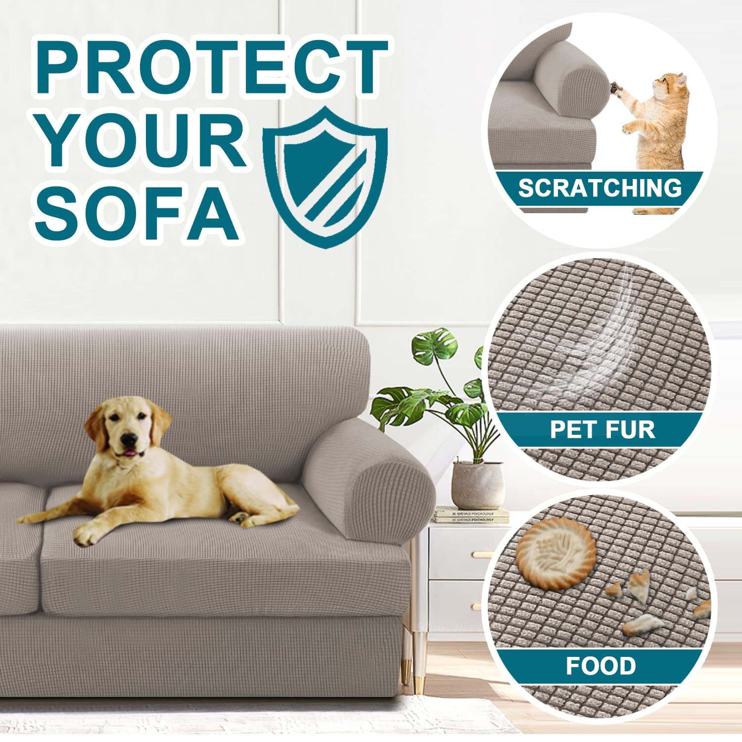 Turquoize 3 Piece T Cushion Loveseat Slipcovers Sofa Cover For 2 Cushion Couch Cover Washable Sofa Slip Cover Furniture Covers With 2 Individual T Cushion Seat Covers (2 Cushion Loveseat, Taupe)