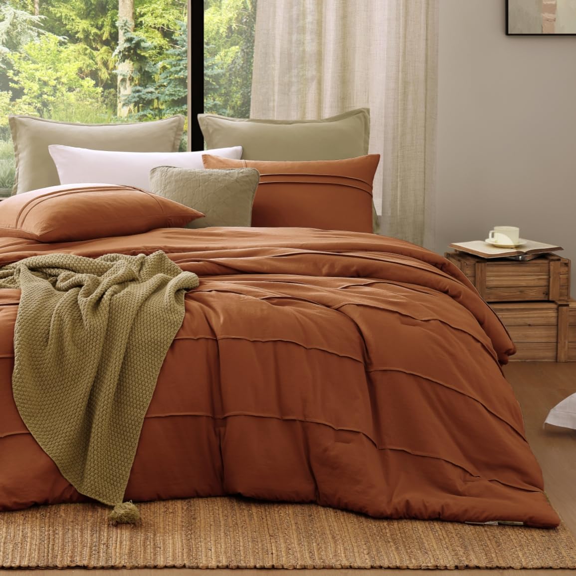 Amberspace Burnt Orange King Comforter Set, Pinch Pleat King Bedding Set For Farmhouse Bedding, 3 Piece King Size Bed Set, Warm