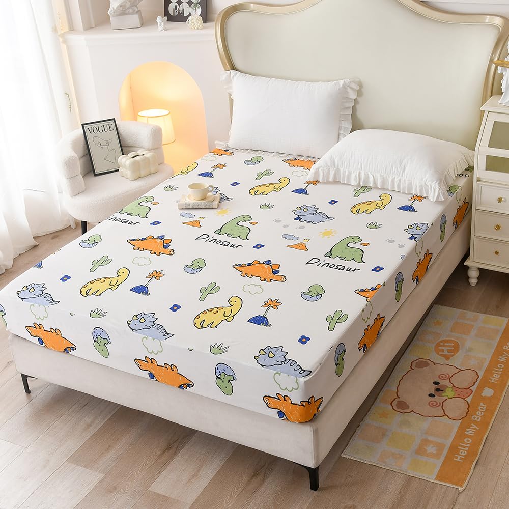 Naturety Bedding Fitted Sheet With Deep Pocket,Dino Printed Thicken Fabric Bed Sheets (Colorful Dino, Queen)