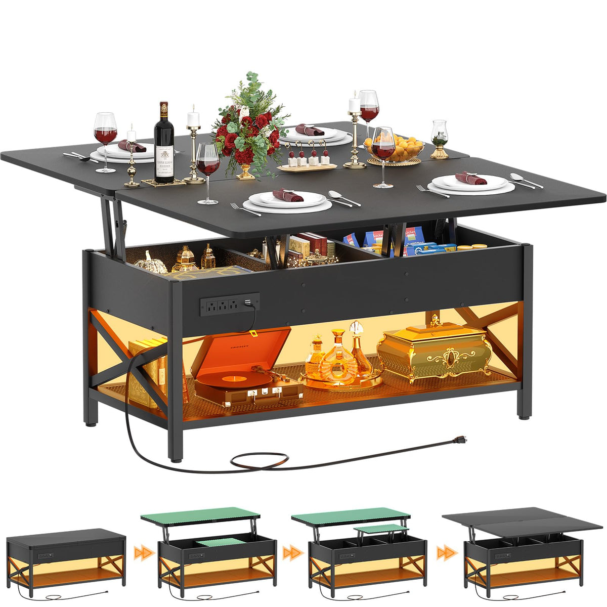 Aheaplus Coffee Table Lift Top Multifunction Coffee Table Converts To Dining Table, With Led Light And Power Outlet, Center Tab