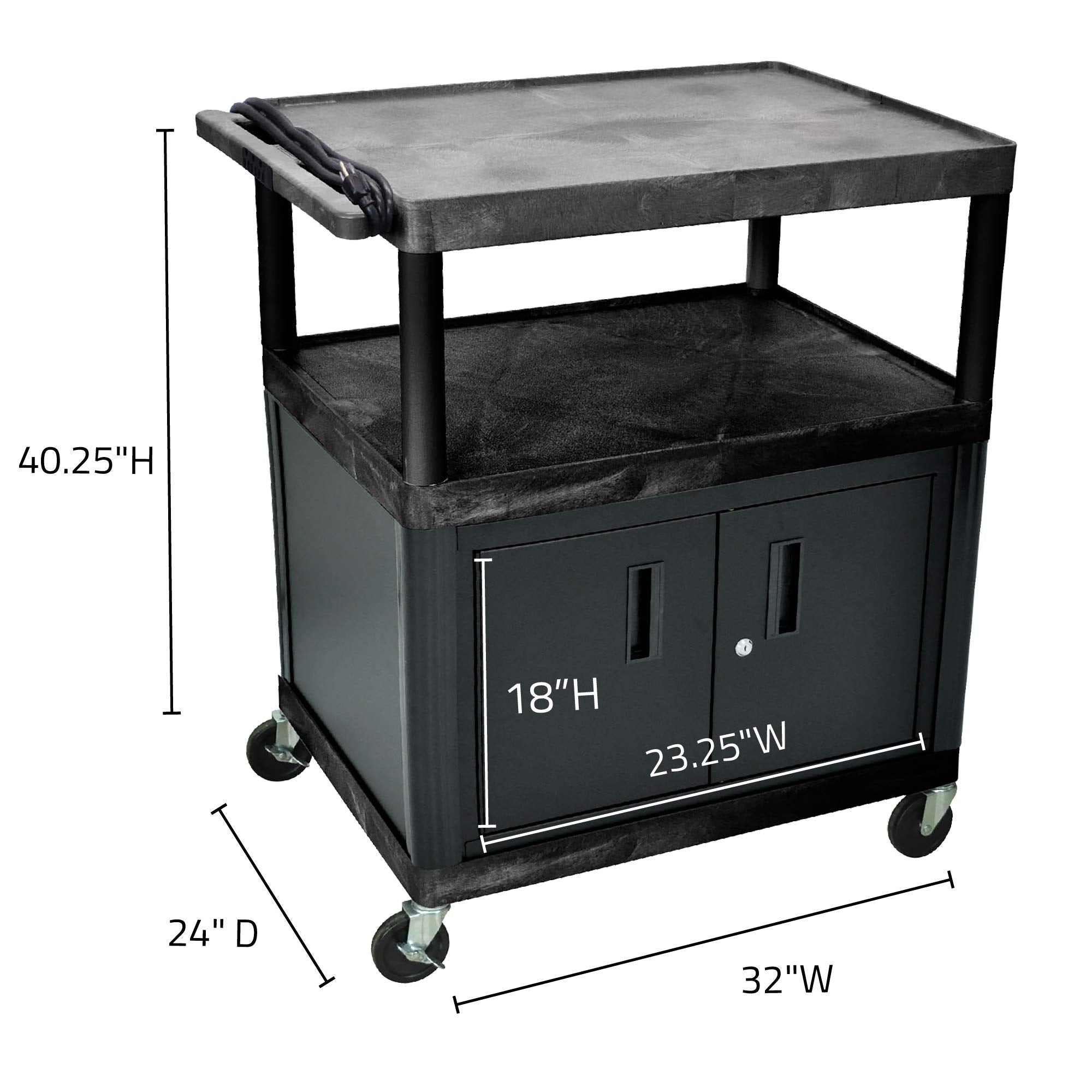 Luxor Lp40Ce-B Endura 3-Shelf Presentation Cart With Cabinet, 40-1/4' Height, Black