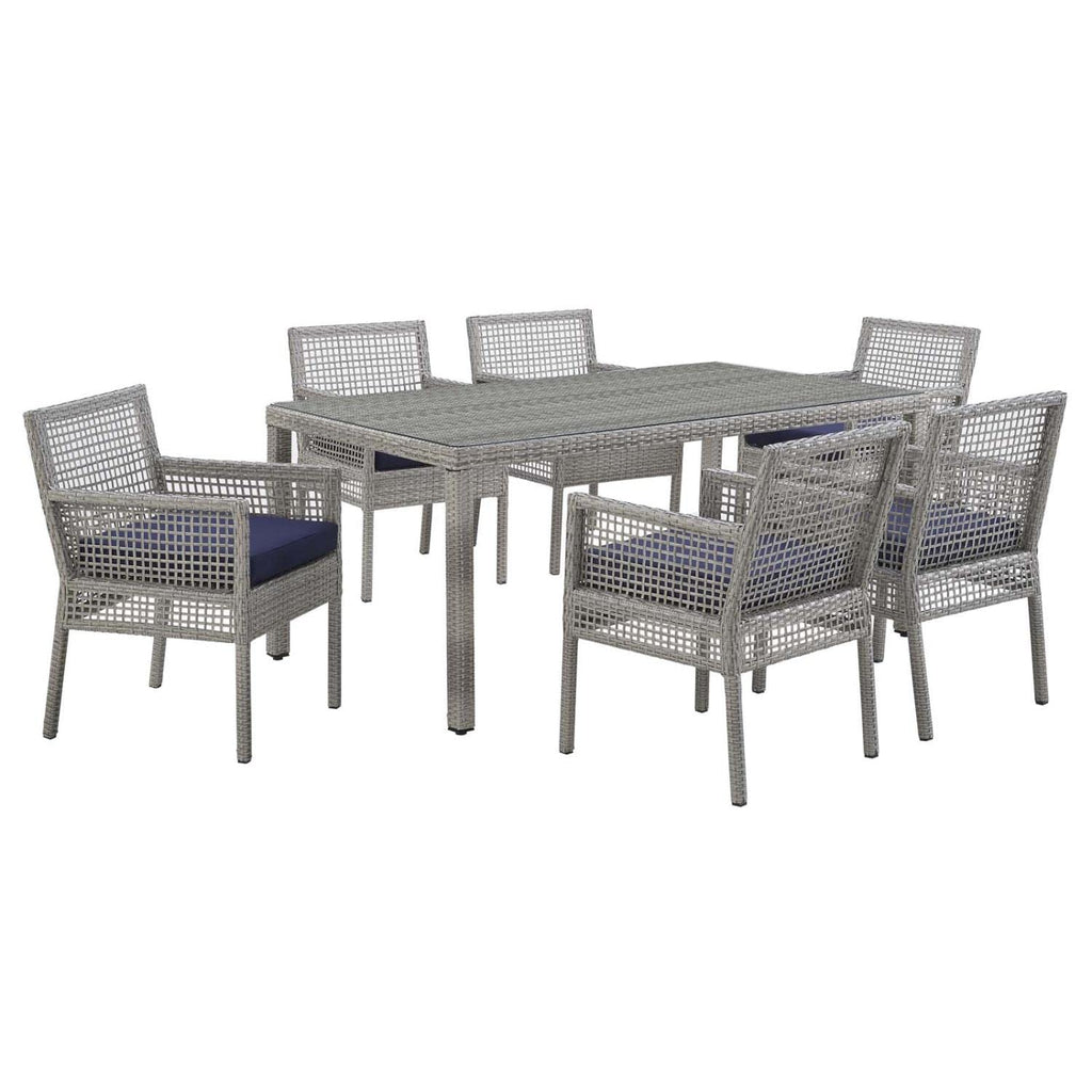 Modway Aura Wicker Rattan 7-Piece Outdoor Patio Dining Set With 68" Rectangle Dining Table And 6 Dining Armchairs In Gray Navy