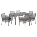 Modway Aura Wicker Rattan 7-Piece Outdoor Patio Dining Set With 68" Rectangle Dining Table And 6 Dining Armchairs In Gray Navy