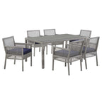 Modway Aura Wicker Rattan 7-Piece Outdoor Patio Dining Set With 68" Rectangle Dining Table And 6 Dining Armchairs In Gray Navy