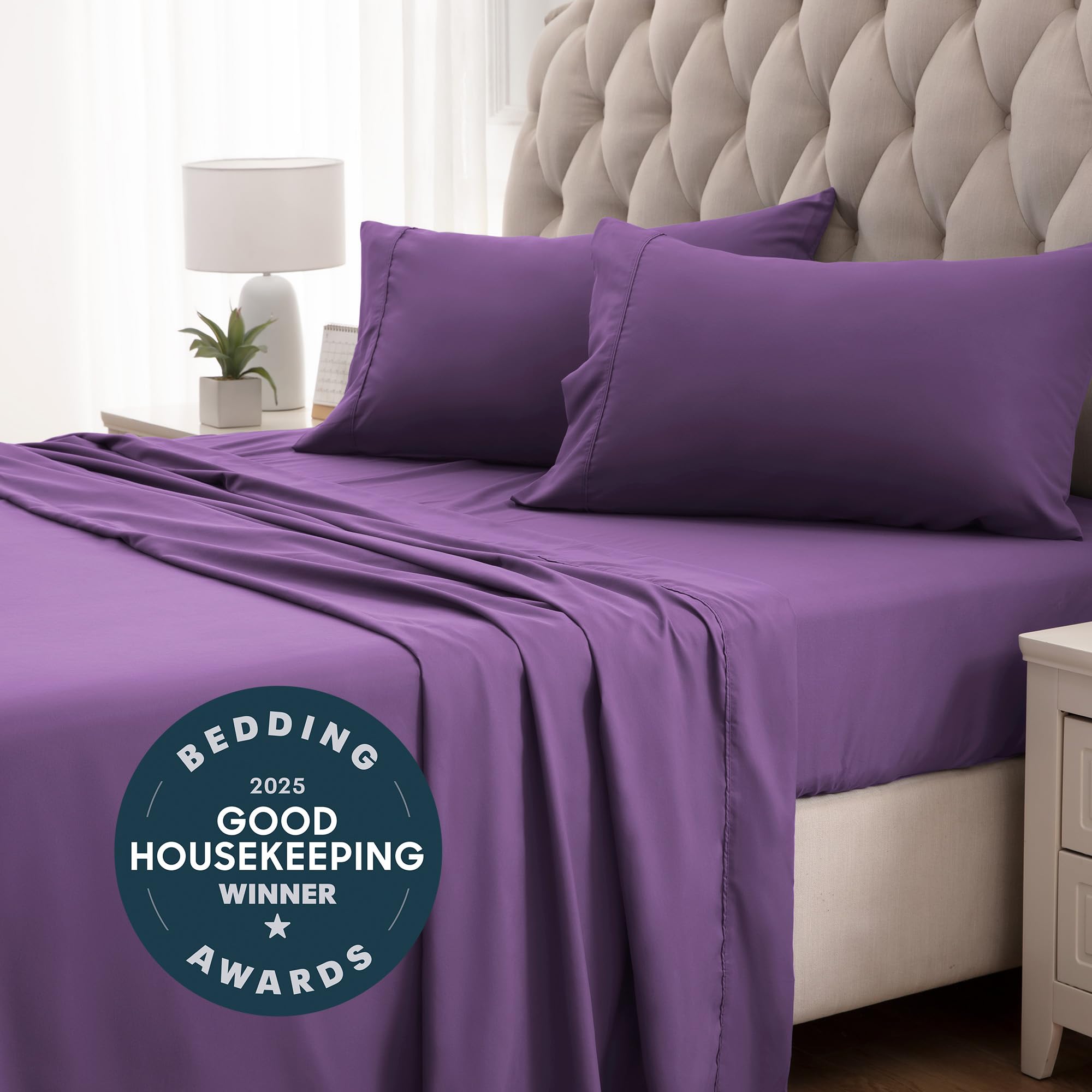 Sleep Zone Nanotex Super Soft Cooling Twin Bed Sheets Set For Kids 3 Piece - Easy Care Fitted Flat Sheet & Pillowcase Sets - Wrinkle Free, Fade Resistant, Deep Pocket 16' (Purple, Twin)