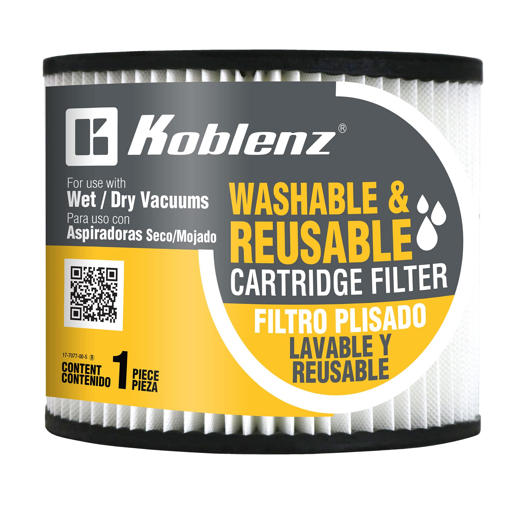 Koblenz Washable Cartridge Filter, Fits 5-16 Gallon Wet-Dry-Blow Vacuum Tanks, Washable And Reusable Filter, Easy To Install, Lo