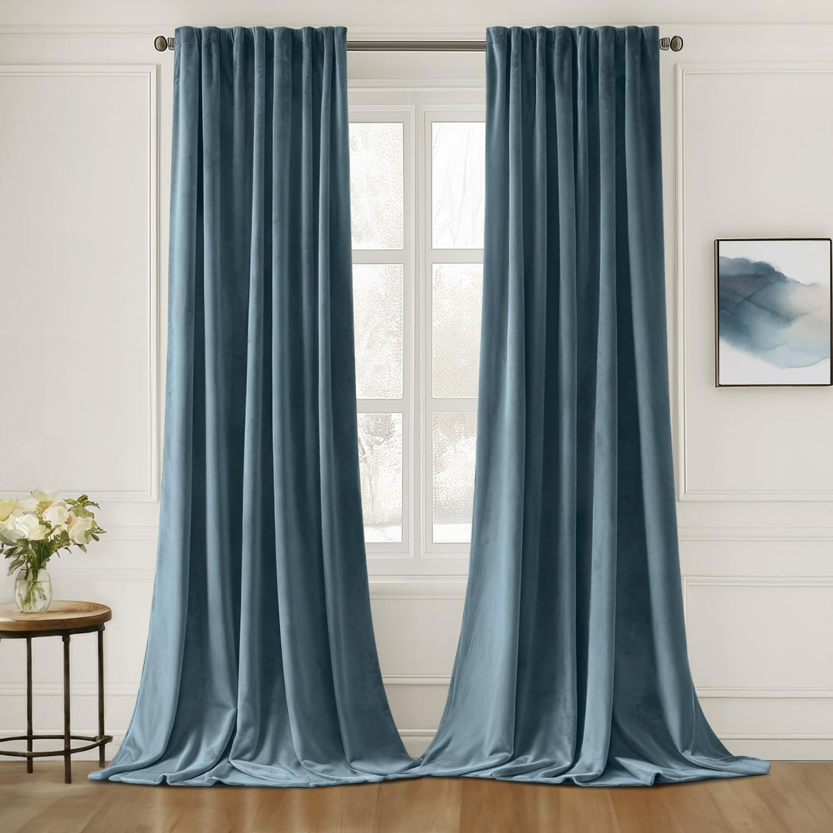 Miulee Stone Blue Velvet Curtains 84 Inches Long 2 Panels - Luxury Pinch Pleated Room Darkening Window Drapes For Bedroom Living