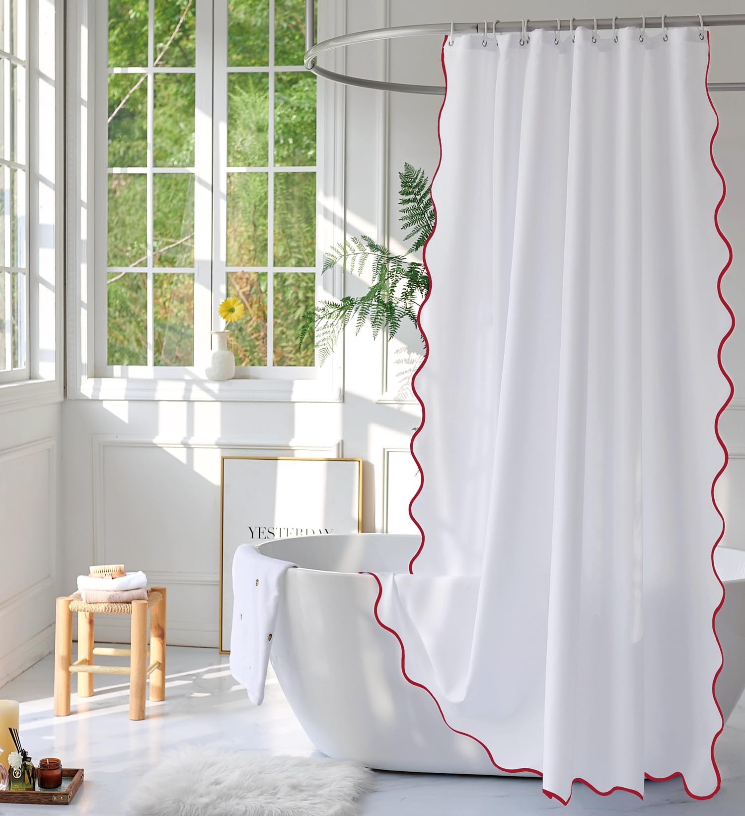 Youngseahome White Fabric With Red Scalloped Border Shower Curtain,Boho Chic Cloth Shower Curtain For Bathroom Showers,72 X 72 I