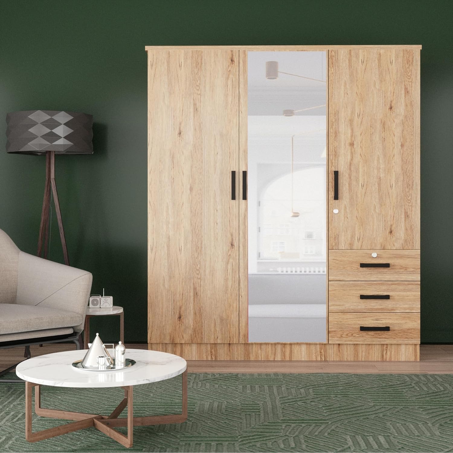 Violet Wardrobe Mirrored Door Closet 3 Doors and 3 Drawers (Natural Oak)