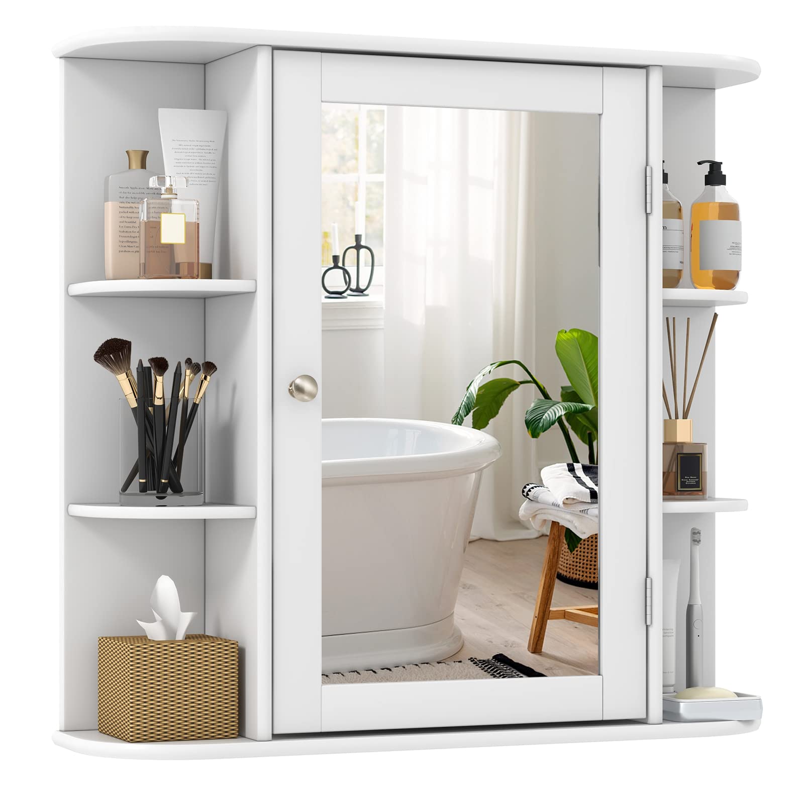 Tangkula Bathroom Medicine Cabinet with Mirror, Wall Mounted Bathroom Storage Cabinet w/Mirror Door & 6 Open Shelves, Adjustable