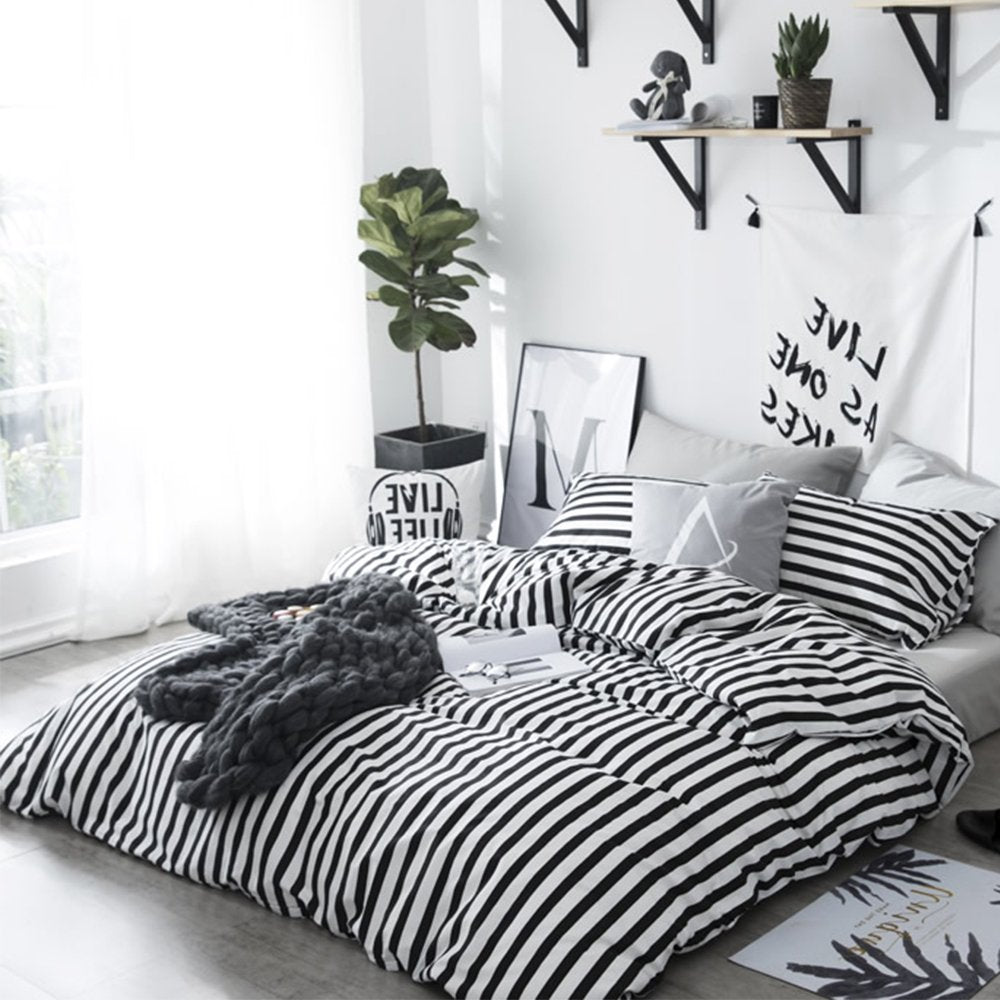 Clothknow Striped Comforter Set Queen 3Pcs Black White Bedding Comforter Sets Farmhouse Comforter Soft Ticking Stripes Queen Siz