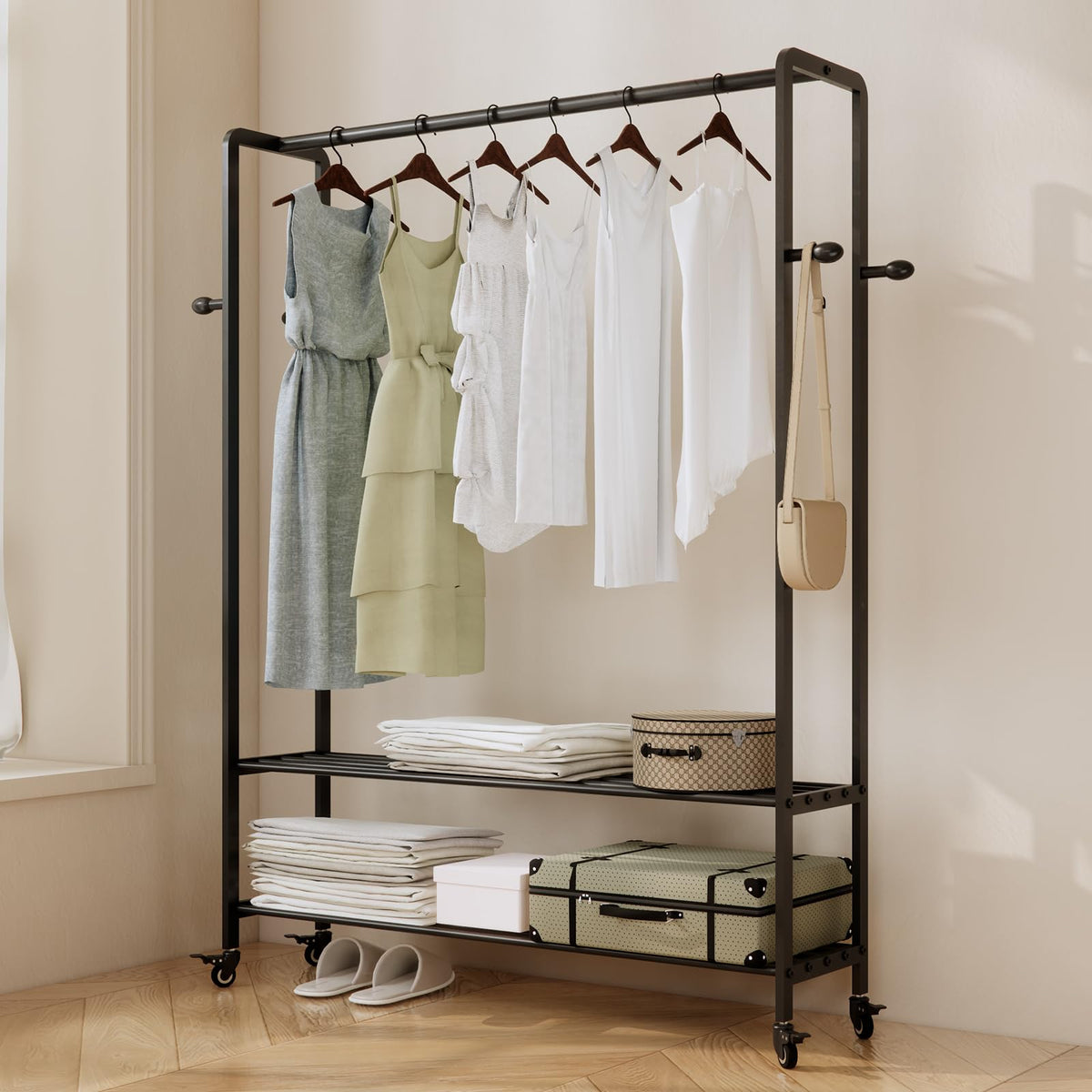 ZHBHYZ Black Rolling Garment Rack with Shelves and Hooks,Freestanding Metal Clothing Rack with Wheels,Modern Clothes Hanging Rac