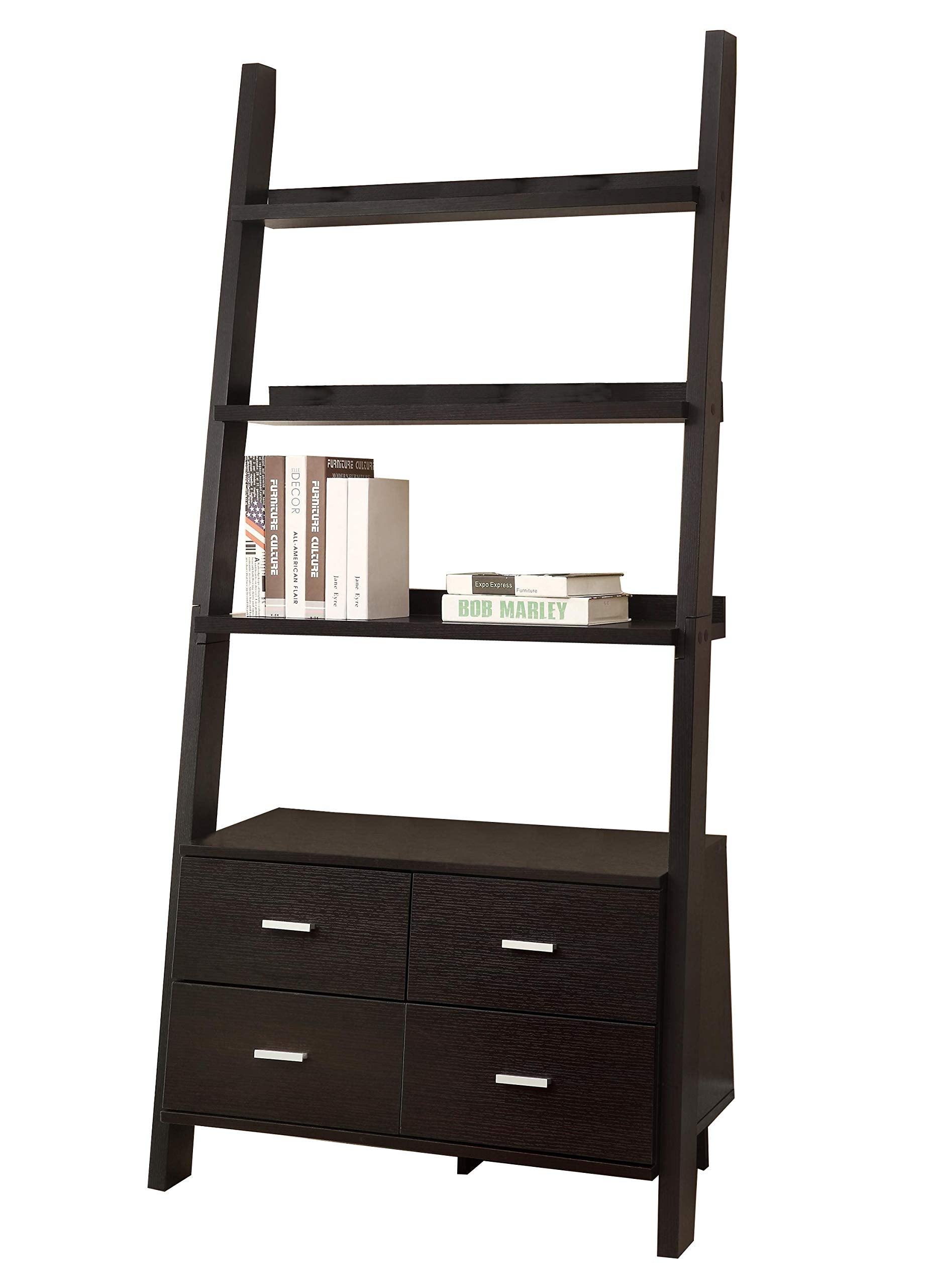 Benzara BM172220 72 x 33.5 x 16.5 in. Ladder Bookcase with 4 Storage Drawers & Open Shelves Cappuccino