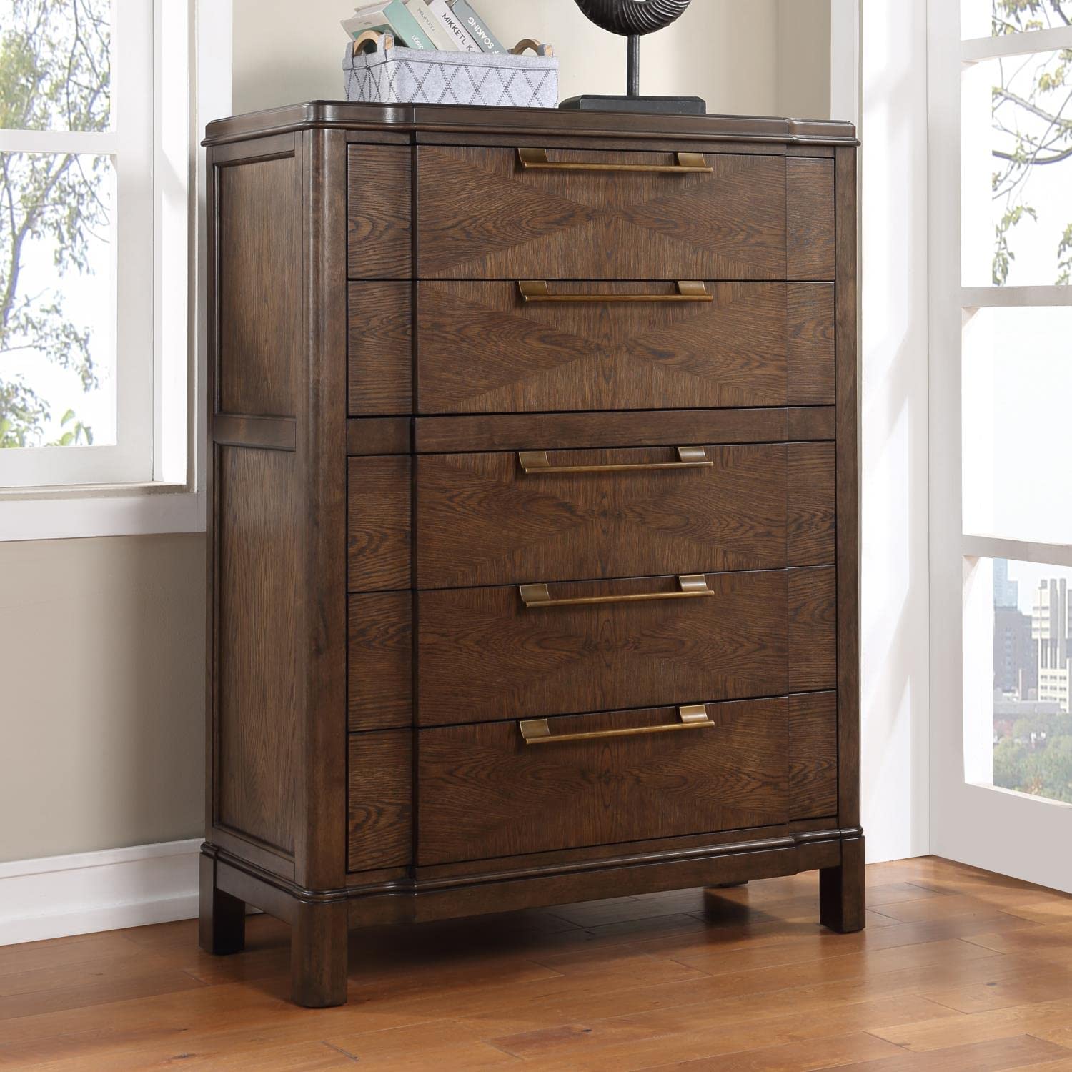Steve Silver Milan Modern Bedroom Styling, Warm Brown Walnut Finish, Sunburst Veneer Pattern Chest, 42 x 19 x 56
