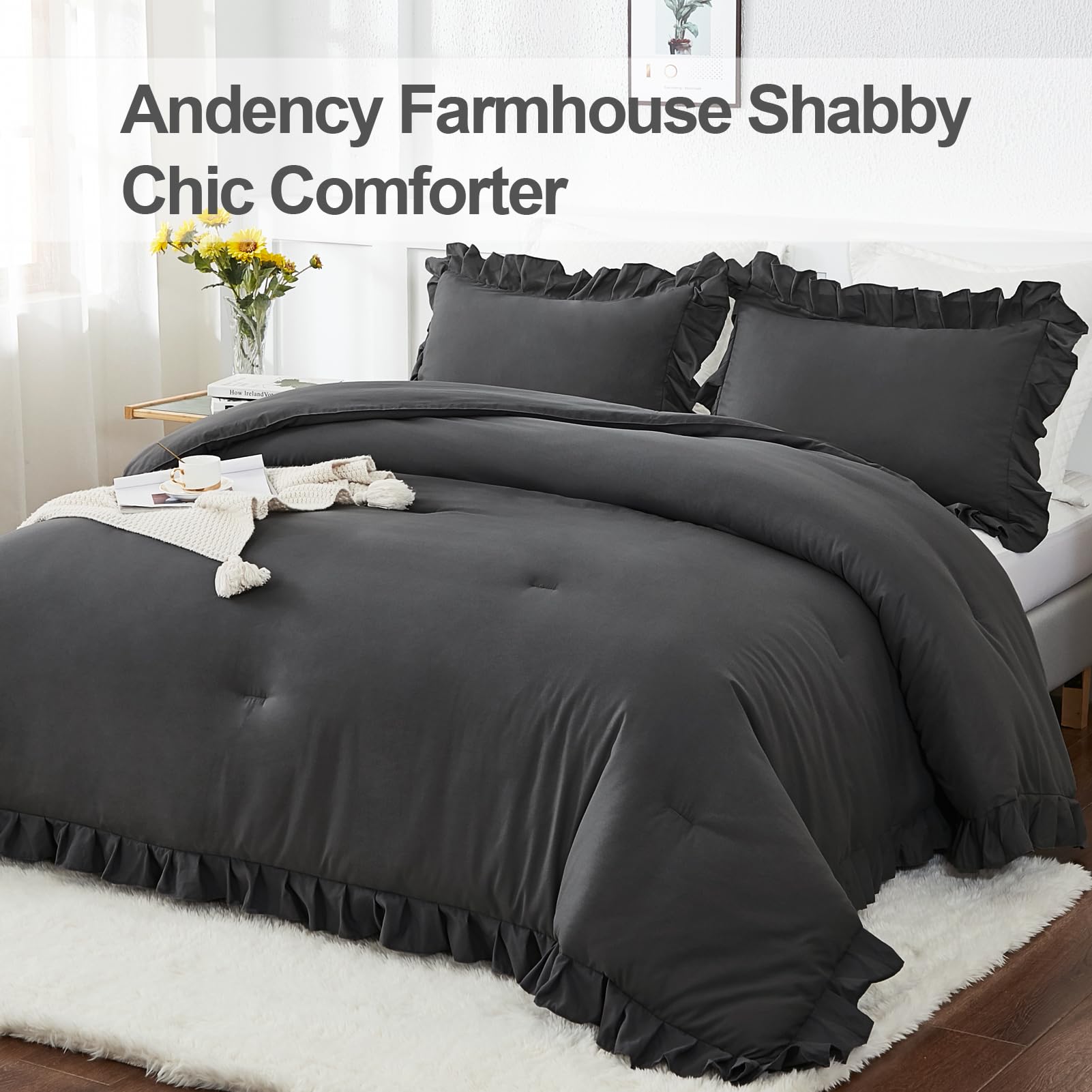 Andency Queen Comforter Set Dark Gray, 3 Pieces Boho Lightweight Summer Solid Bedding Comforters & Sets, Double Women Men Grey Ruffle Farmhouse Bed Set (90X90In Comforter & 2 Pillowcases)