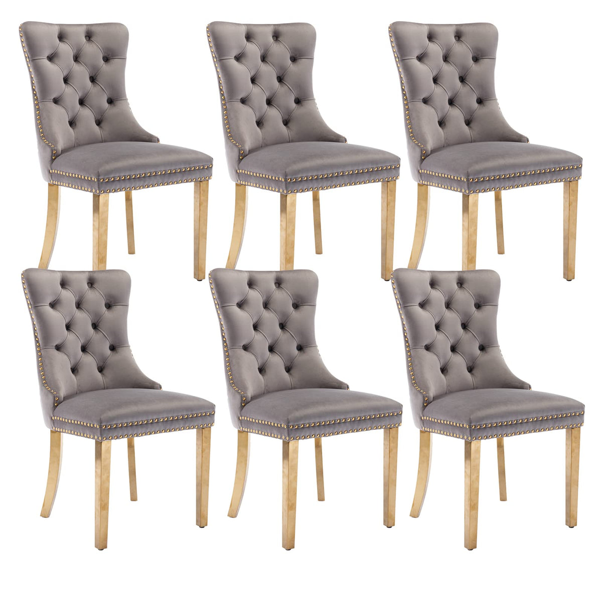 Shenyon Grey Velvet Dining Chairs Set Of 6, Upholstered Dining Room Chairs With Back Ring Pull Trim And Golden Stainless Steel L