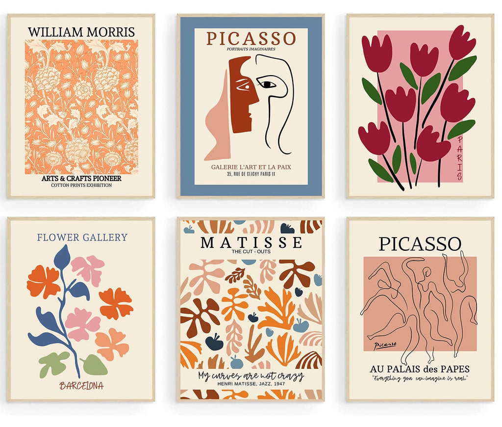 Flower Market Posters Set of 6, Abstract Flower Market Wall Art Prints Exhibition Poster Set, Vintage Matisse Print Picasso Prin