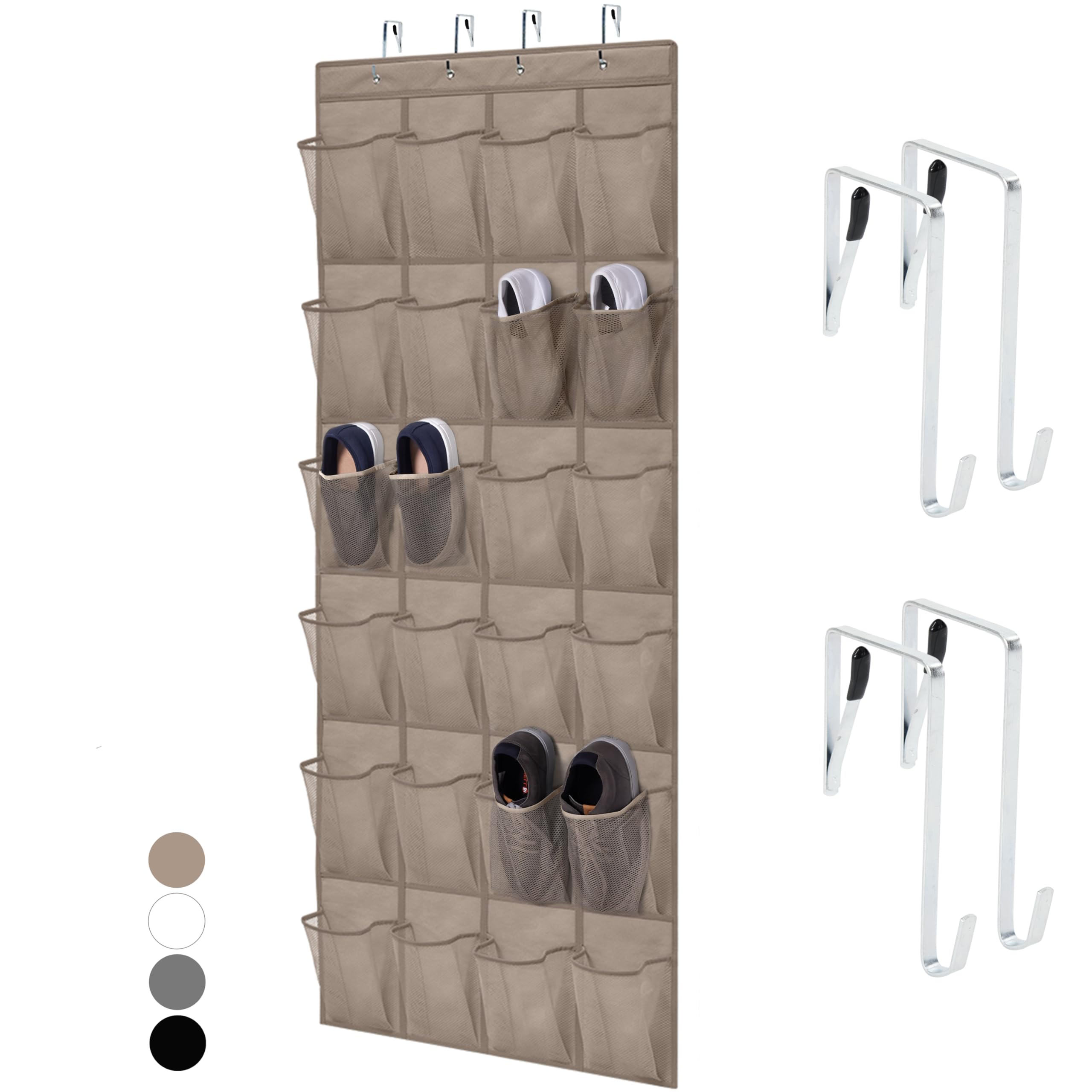 Home Genie Over The Door Hanging Shoe Organizer, 24 Breathable Mesh Pockets, Closet Rack Storage Holder, Stay In Place Hooks Hang On Closets, Hanger Holds Up To 40 Lbs For Shoes, Accessories, Beige