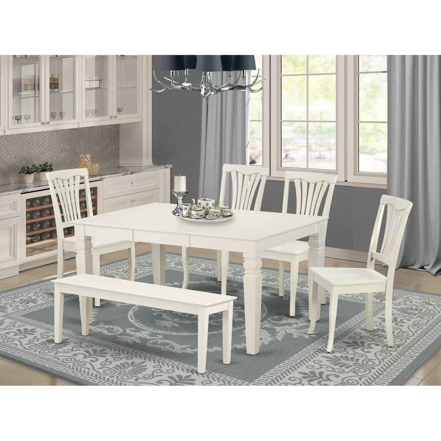 East West Furniture WEAV6-LWH-W 6Pc Rectangle 42/60&quot; Family Table with 18 in Leaf and 4 Wood Seat Chairs Plus 1 Bench