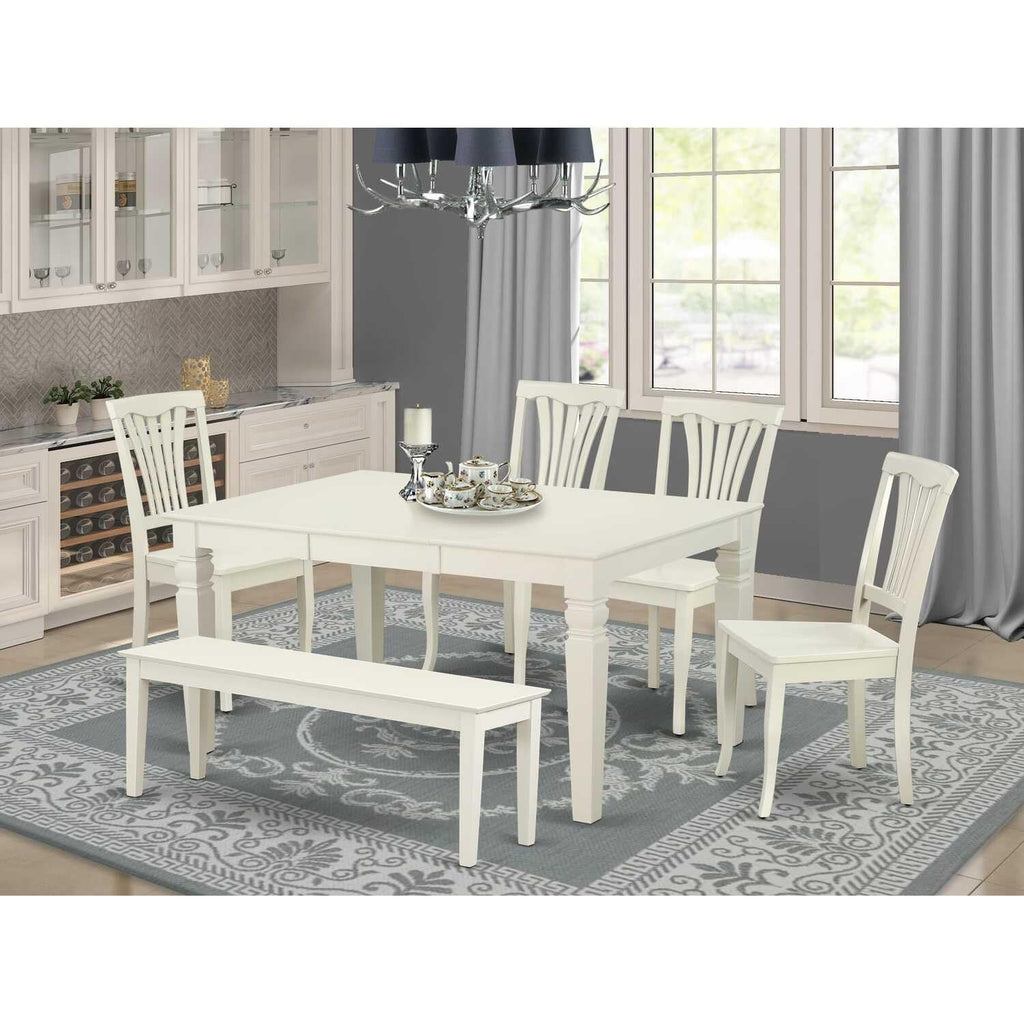 East West Furniture WEAV6-LWH-W 6Pc Rectangle 42/60" Family Table with 18 in Leaf and 4 Wood Seat Chairs Plus 1 Bench