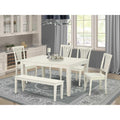 East West Furniture WEAV6-LWH-W 6Pc Rectangle 42/60" Family Table with 18 in Leaf and 4 Wood Seat Chairs Plus 1 Bench