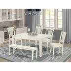 East West Furniture WEAV6-LWH-W 6Pc Rectangle 42/60" Family Table with 18 in Leaf and 4 Wood Seat Chairs Plus 1 Bench