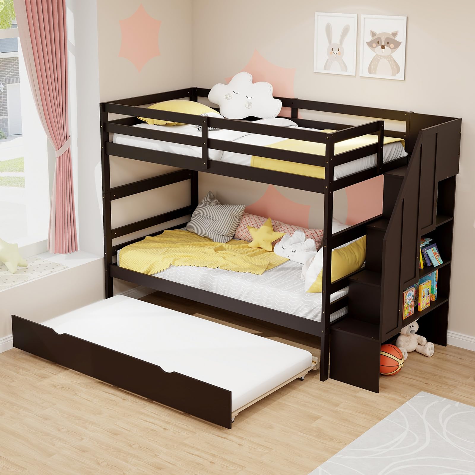 Komfott Wood Twin Over Twin Bunk Bed With Trundle & Storage Stairs, Bunk Bed Frame With Protective Guardrails For Kids Room, Bedroom, Convertible To 2 Separated Beds, No Box Spring Needed (Espresso)