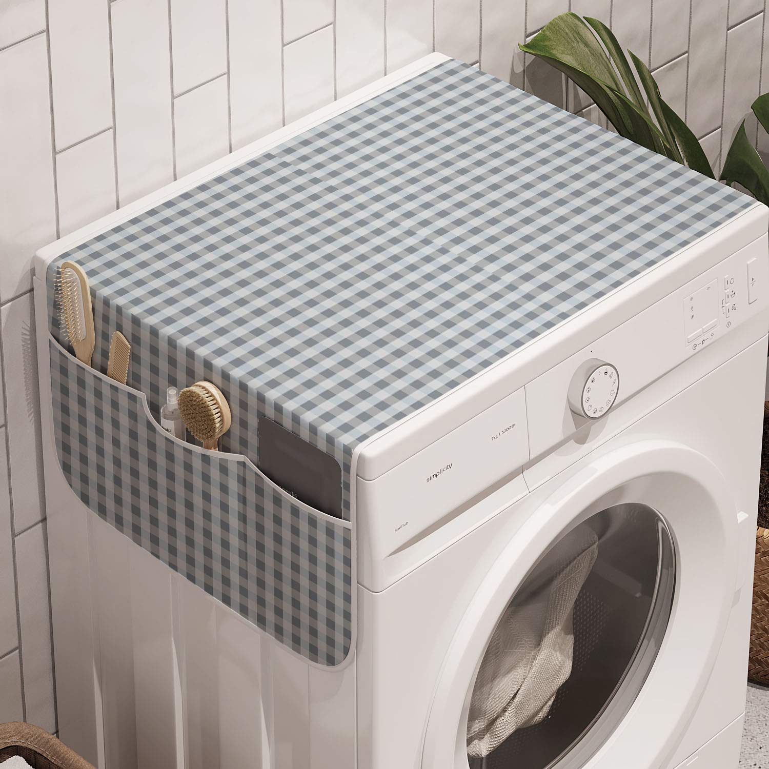 Lunarable Grey Plaid Washing Machine Organizer, Simple Retro Pattern With Lines Tiny And Squares, Anti-Slip Fabric Cover For Was