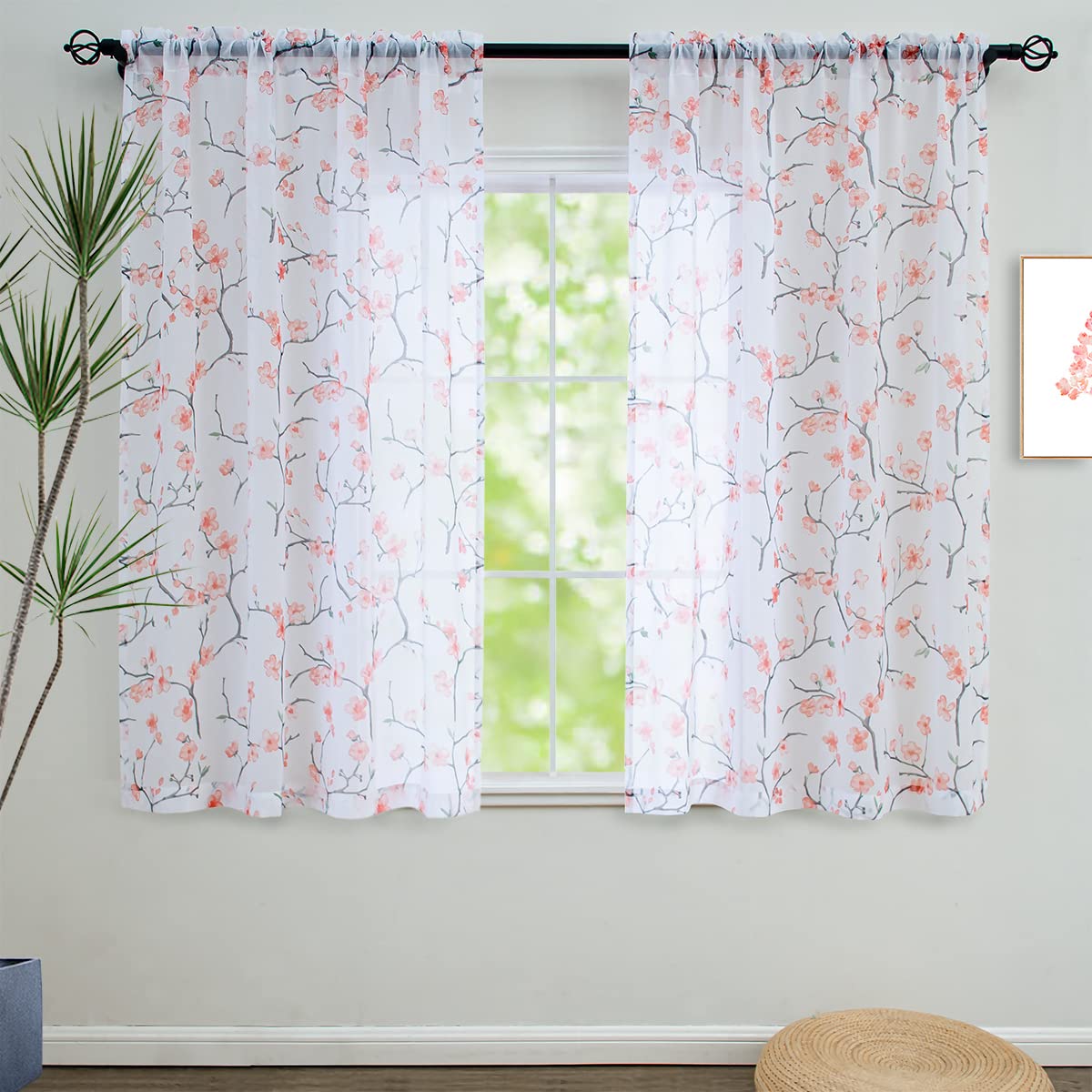 Linentalks Floral Coral Sheer Curtains 63 Inches Long 2 Panels Set, Cherry Flower Pattern Terracotta Sheer Curtain Drapes For Li