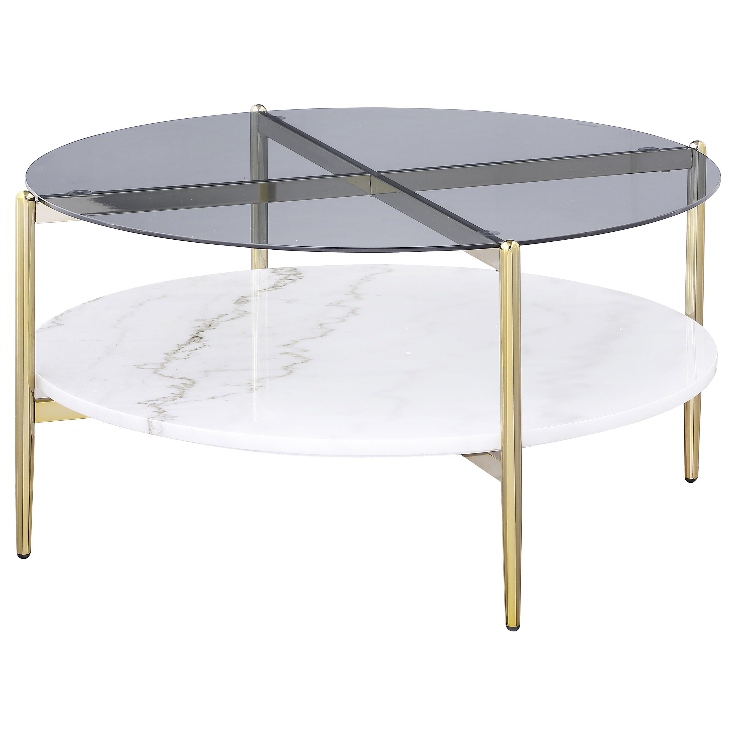 Coaster Home Furnishings Jonelle Round Glass Top Coffee Table White Marble Shelf Gold