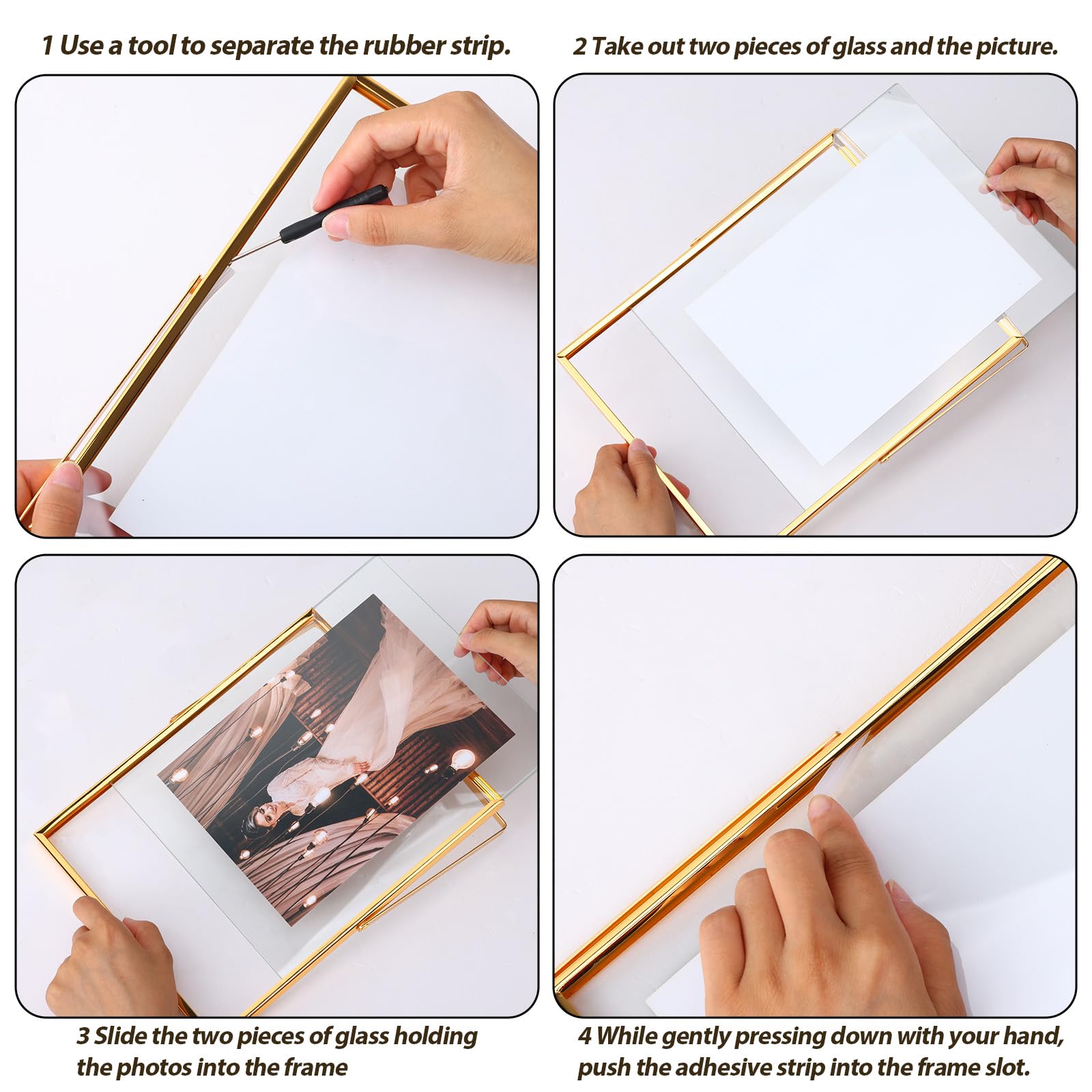 Fixwal Gold Frame Floating Picture Frame Set Of 2, 8 X 10 Tempered Glass Frame, For Tabletop Display, Gold Metal Display Frame,