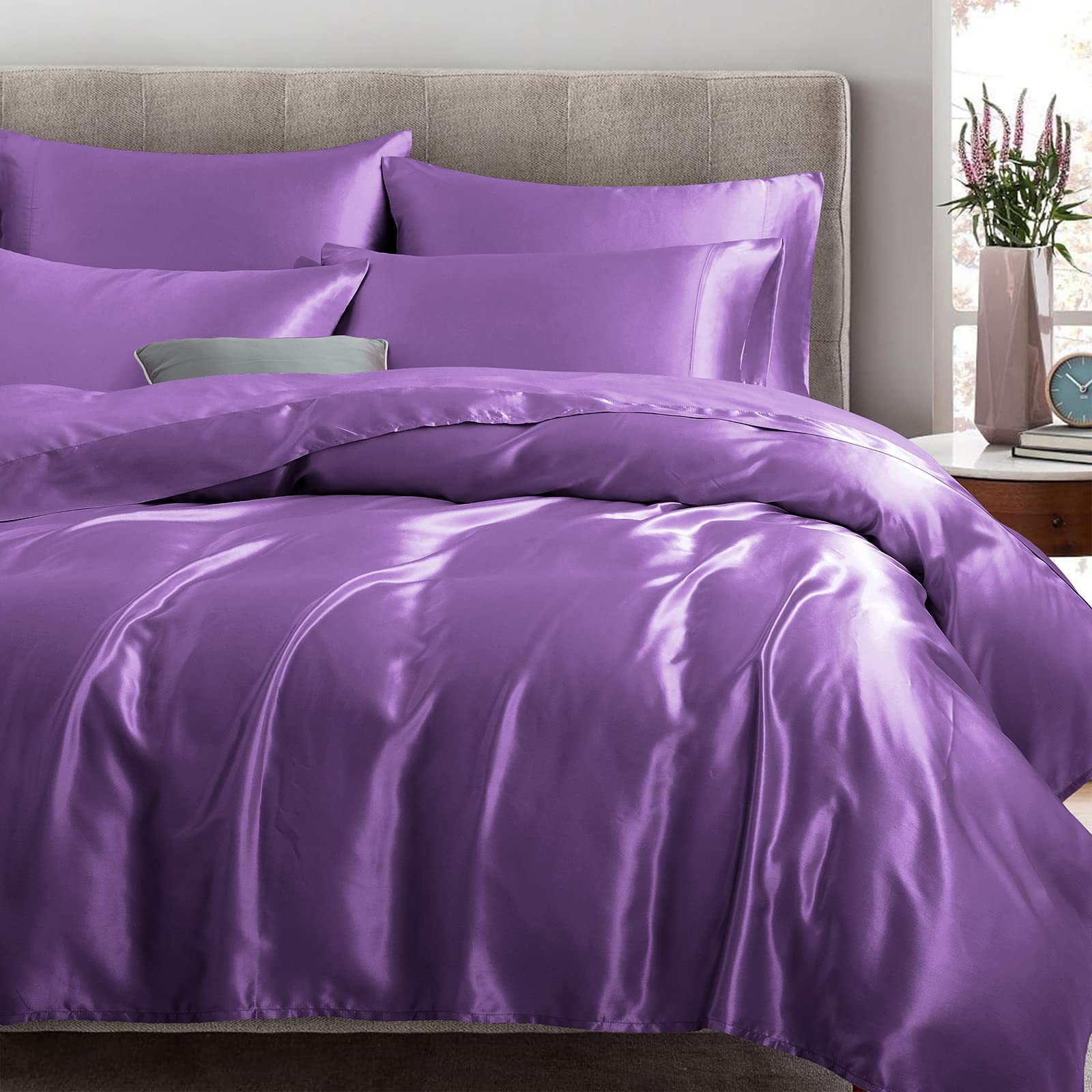 Treely Satin Bed Sheets 6 Piece,Hotel Luxury Silky Queen Sheet Set With Deep Pocket, Fitted Sheet - Purple Queen Size Satin Shee