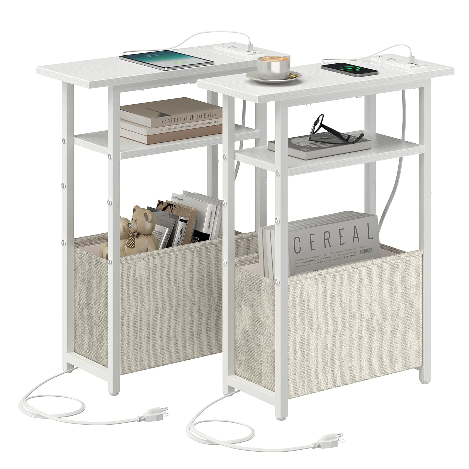 sthmec Narrow Side Table with Charging Station Set of 2, Small End Table for Small Spaces, Skinny Nightstands Set 2 with Storage