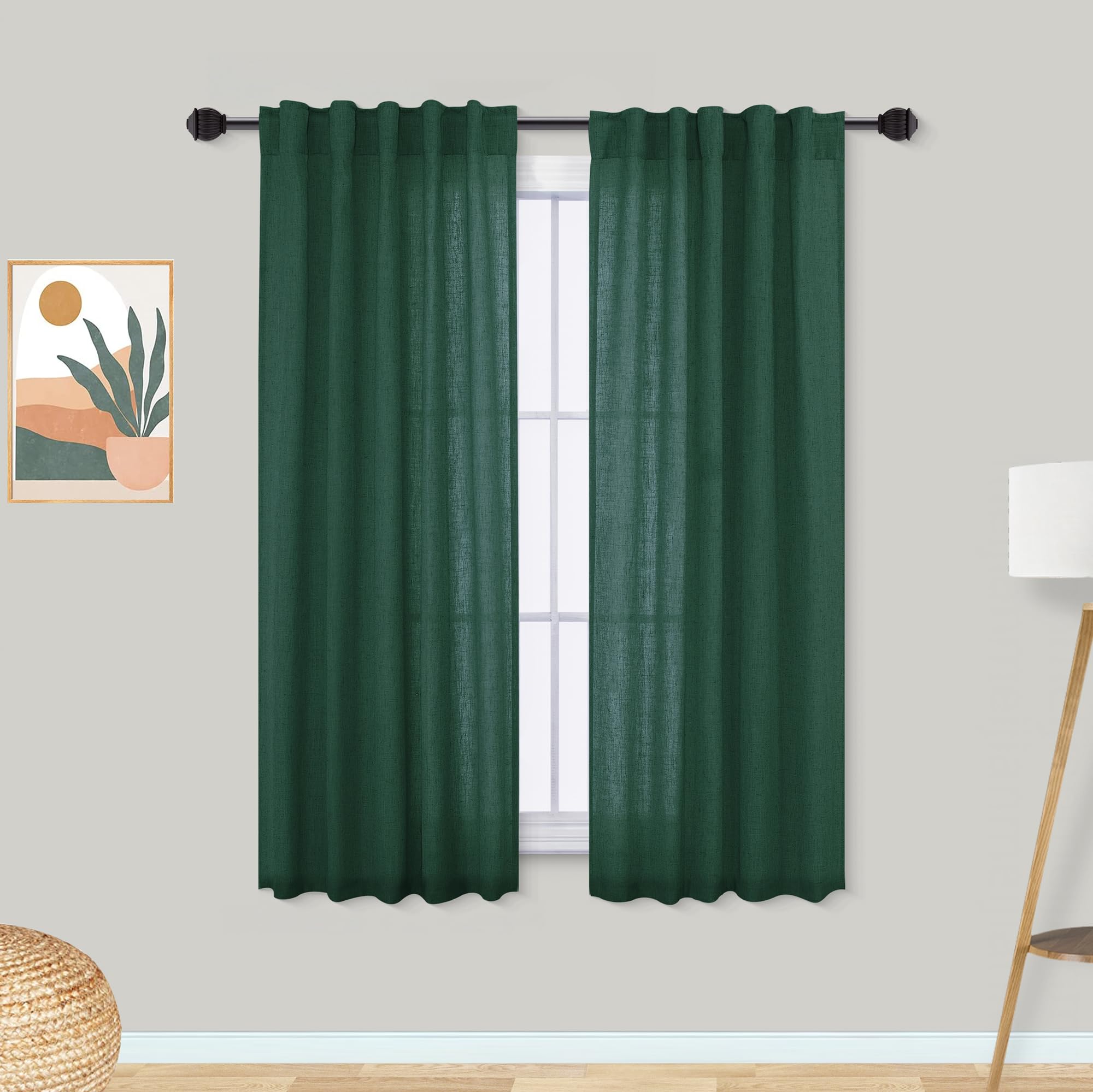 Mrs.Naturall Hunter Green Back Tab Linen Blend Sheer Curtains For Living Room 36X54 Inches Long