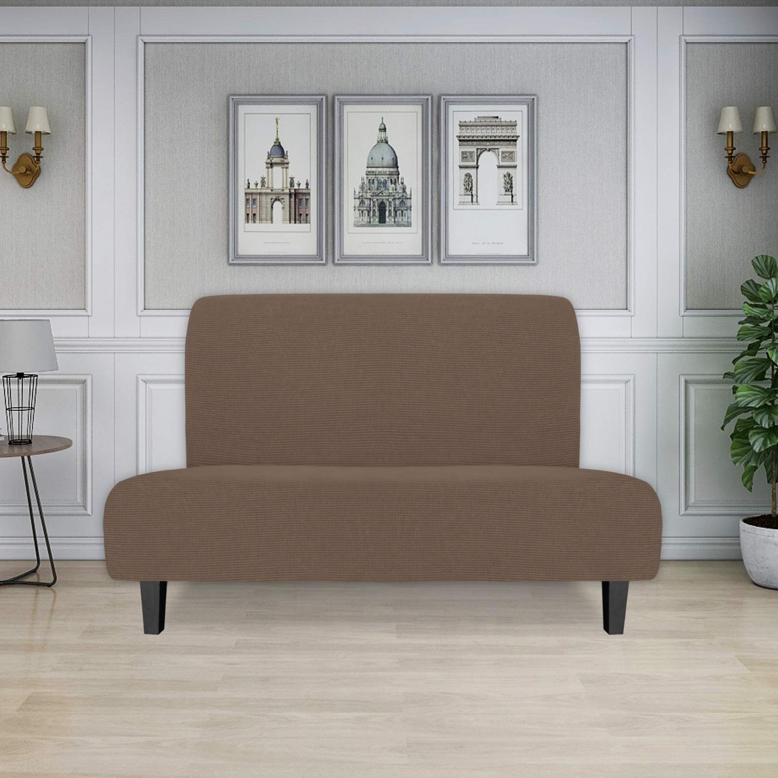 Easy-Going Stretch Futon Slipcover Armless Futon Bed Cover Furniture Protector Without Armrests With Elastic Bottom For Kids, Soft Jacquard Fabric Small Checks (Medium, Brown)