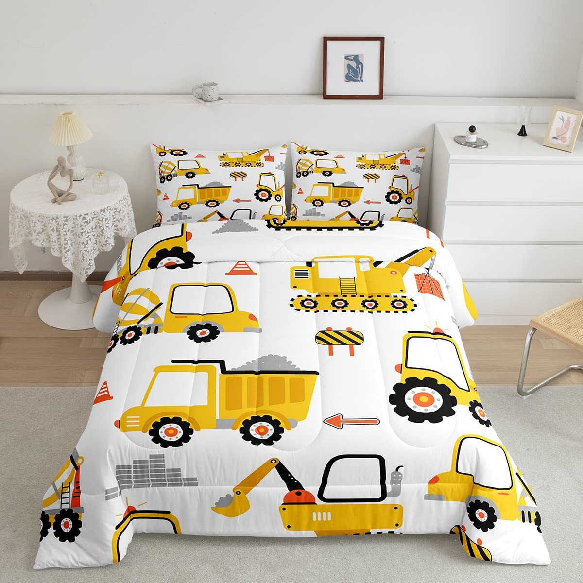 Cartoon Car Comforter Set Kids Construction Comforter for Boys Equipment Trucks Bedding Set Breathable Cartoon Yellow Car Excava