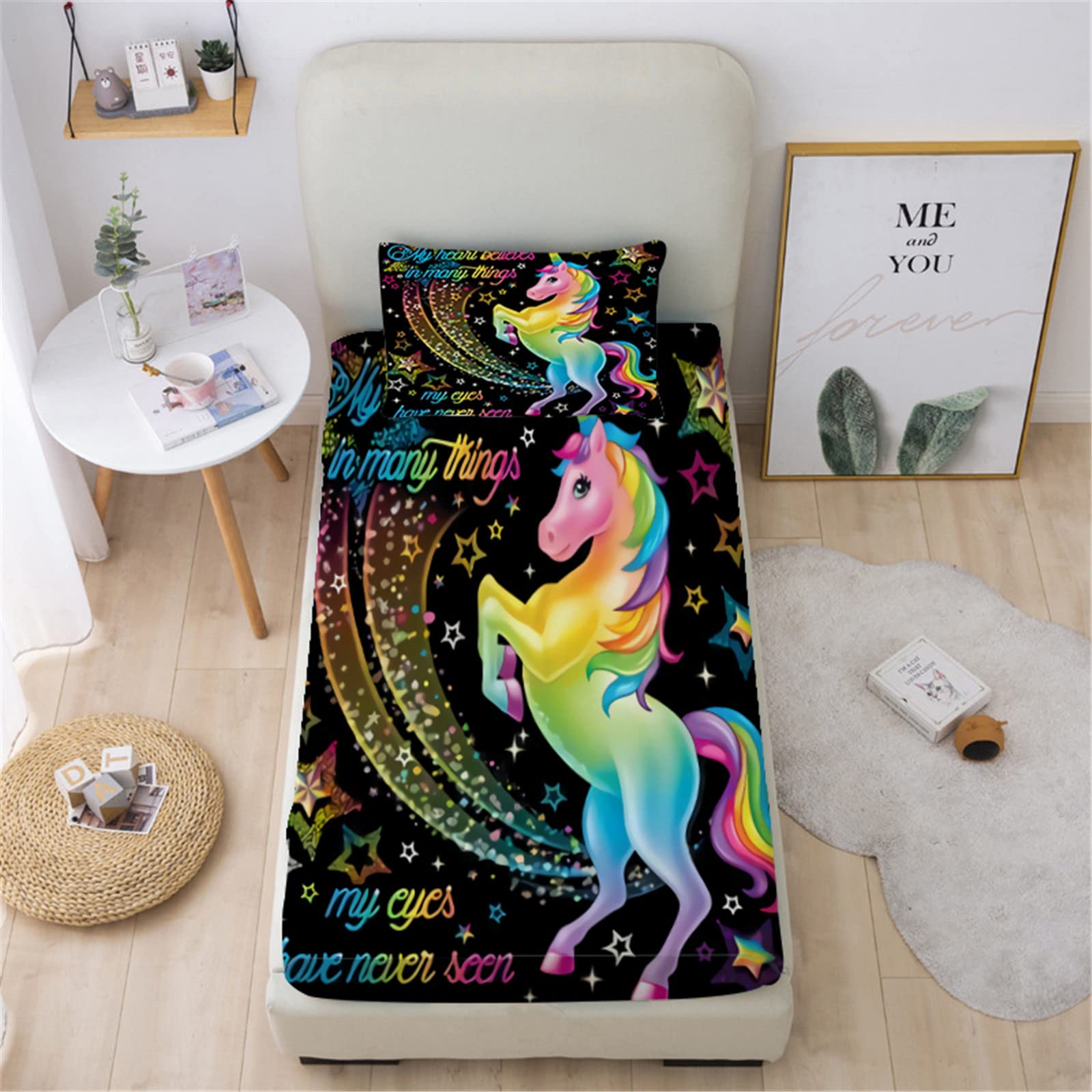 Unicorn Sheets Twin Fitted Sheet 2 Pack, Twin Sheets For/Kids/Girls/Boys, Twin Bedding Sets For Girls, Magic Rainbow Letters Uni